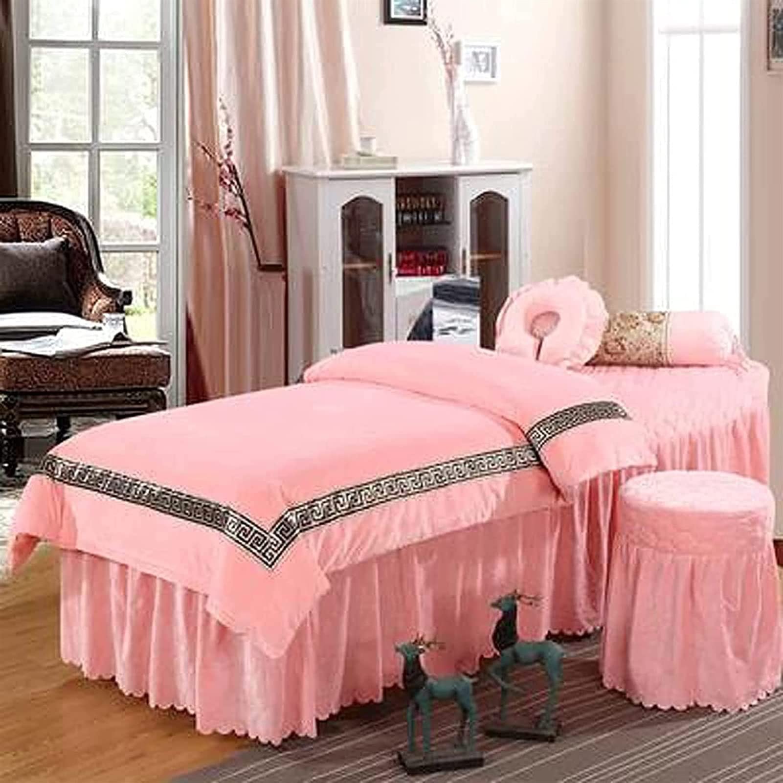 Jingtong 4-Piece Waterproof Beauty Salon Massage Bed Cover Set - European Style Spa Bed Sheets with Face Hole, Pink, 80x190cm Square Head - Perfect for Massage Parlors, Spas & Professional Salons