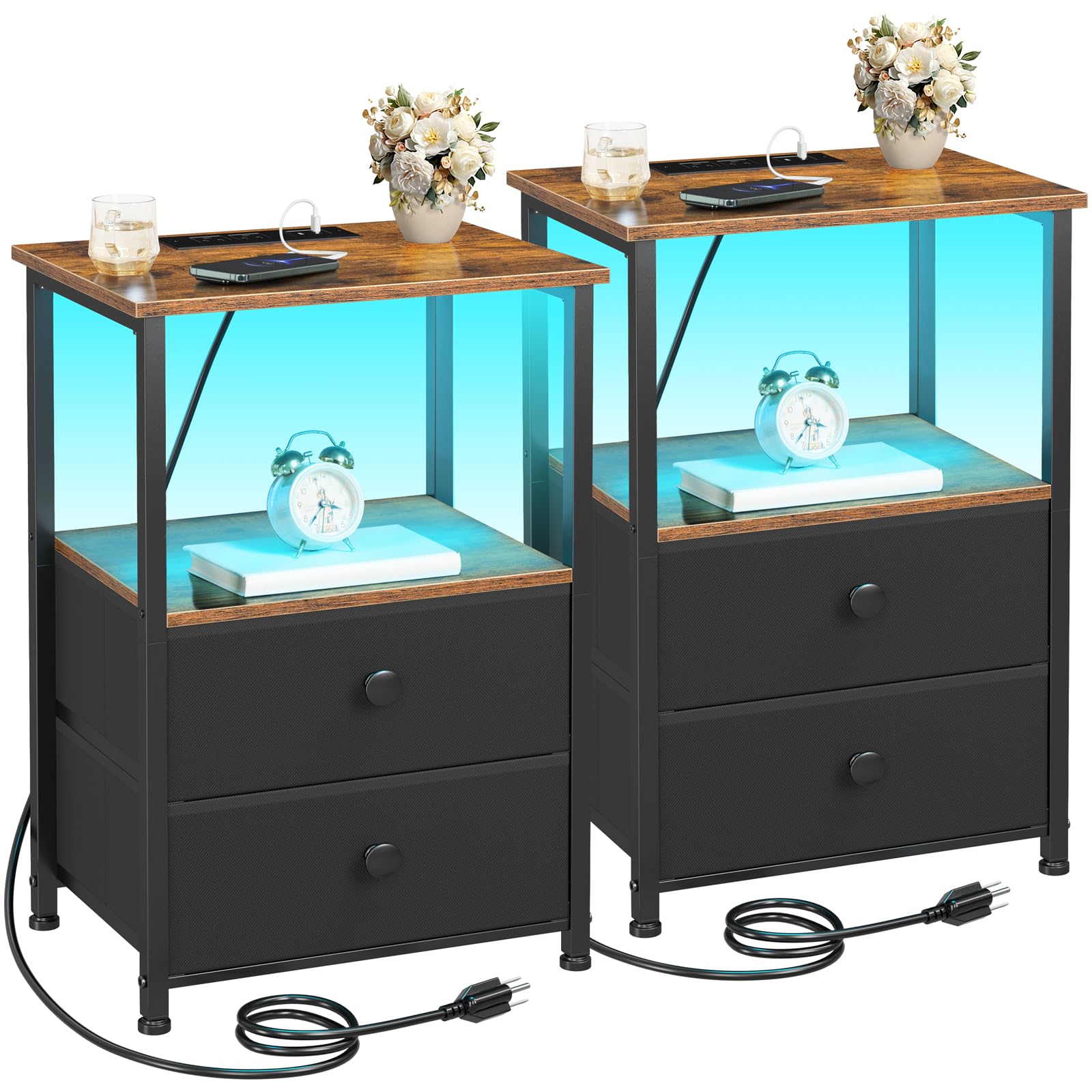 2-Piece LED Nightstand Set with USB Charging Ports & Storage Shelf - Modern Bedside Tables with 2 Fabric Drawers for Small Spaces - Perfect for Charging Phones, Storing Books & Bedroom Organization - Ideal for Apartments, Dorms & Cozy Bedrooms - Great for Nighttime Reading, Device Charging & Bedside Storage - Perfect for Home Office, Guest Room & Minimalist Bedroom Decor - Ideal for Small Bedrooms, Studio Apartments & College Dorm Rooms (HETS02BR)