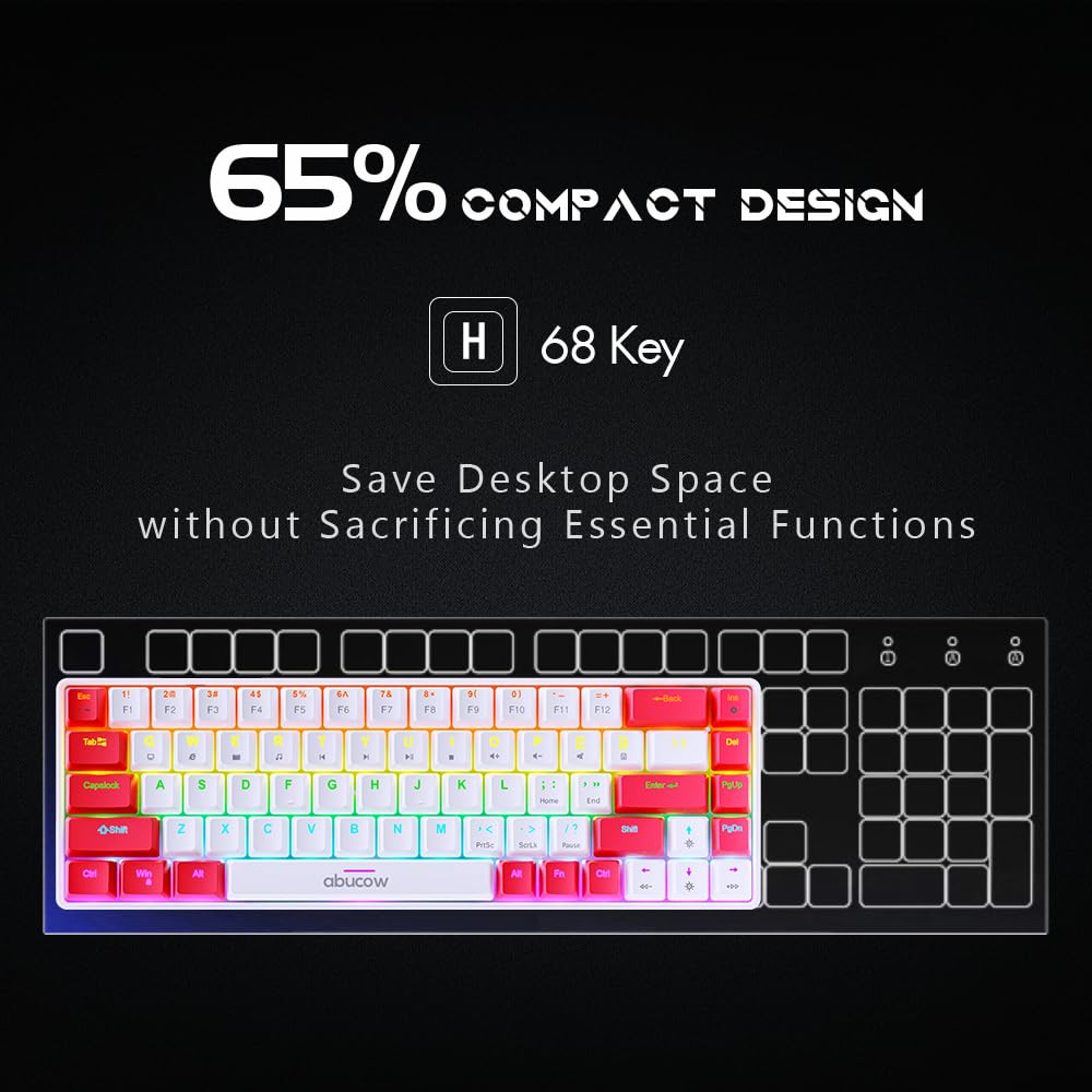 Abucow 60% Mechanical Gaming Keyboard - 68 Keys with RGB Backlight, Red Switches & White/Red Keycaps - Compact Wired Keyboard for PC/Mac - Perfect for Typing, Gaming, and Office Work (White-Red)