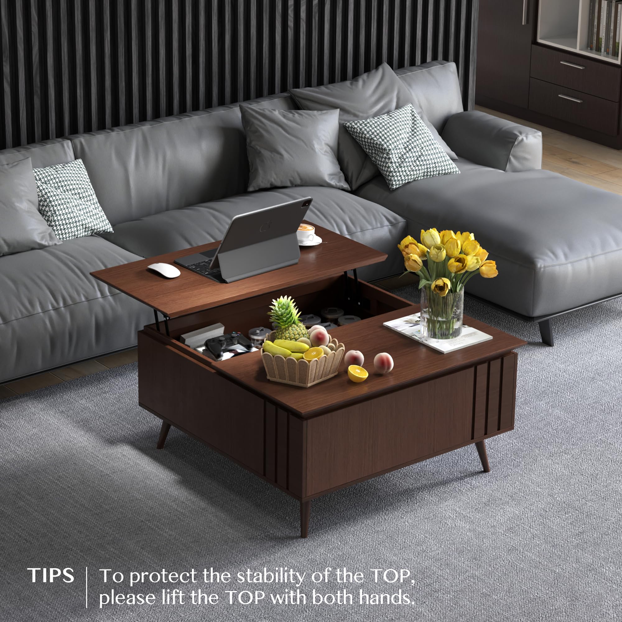 Lift Top Coffee Table with Storage, Mid Century Modern Square, Dark Walnut, Ideal for Living Room, Home Office, and Dining, Functional and Stylish