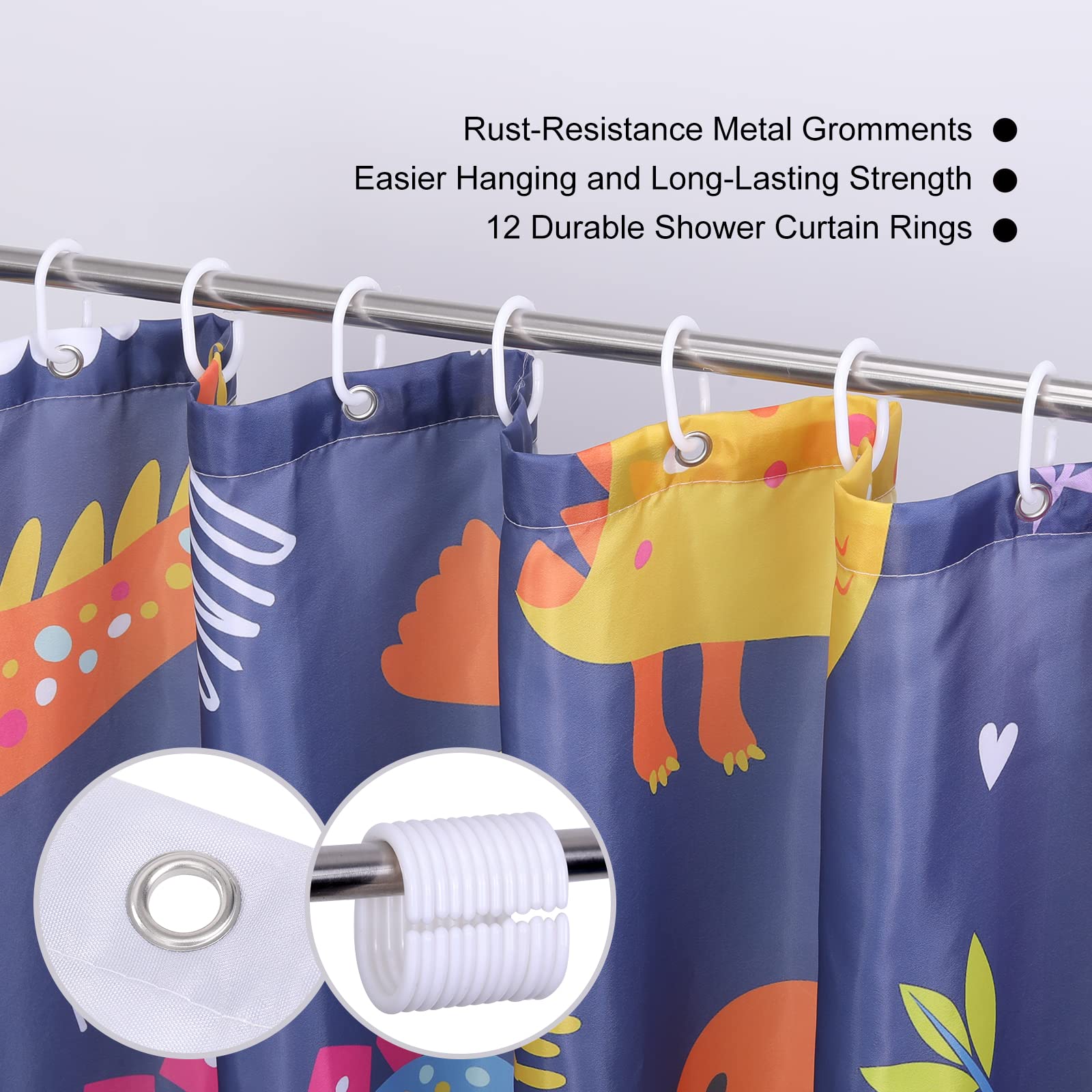 Dinosaur Shower Curtain for Kids - Waterproof Raptor Dino Bathroom Decor with 12 Hooks (72x72 Inches) - Fun Bath Time Accessory for Boys & Girls Bedroom or Playroom
