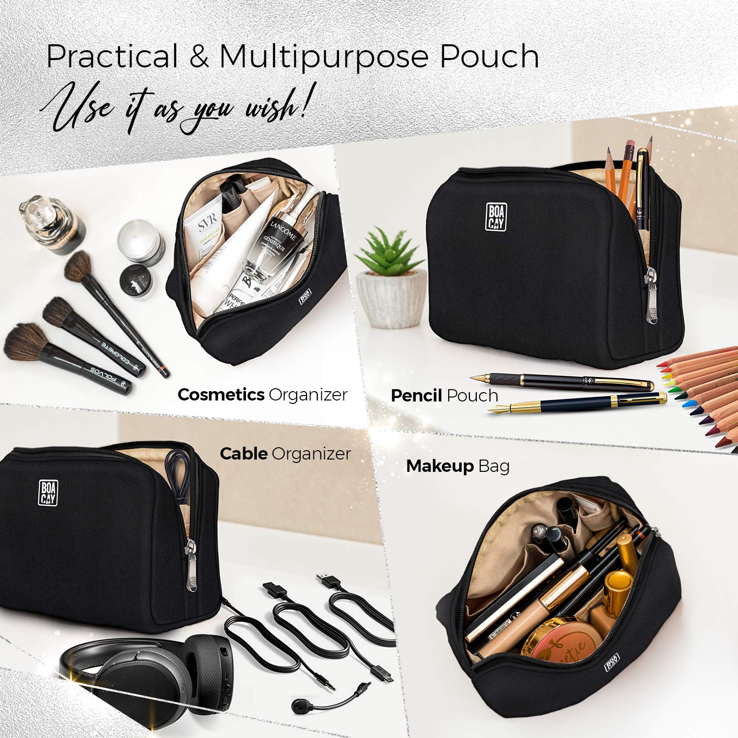 BOACAY Small Makeup Bag for Women | Travel Cosmetic Pouch with Zipper | Toiletry Organizer for Purse | Compact Case for Accessories & Brushes | Perfect for Travel, Gym, and Everyday Use