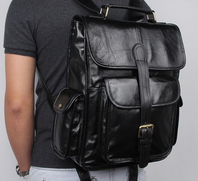 Men's Black Leather Laptop Backpack - Waterproof Business Computer Bag for Work, Travel & College - Fits 15.6 Inch Laptop with USB Charging Port