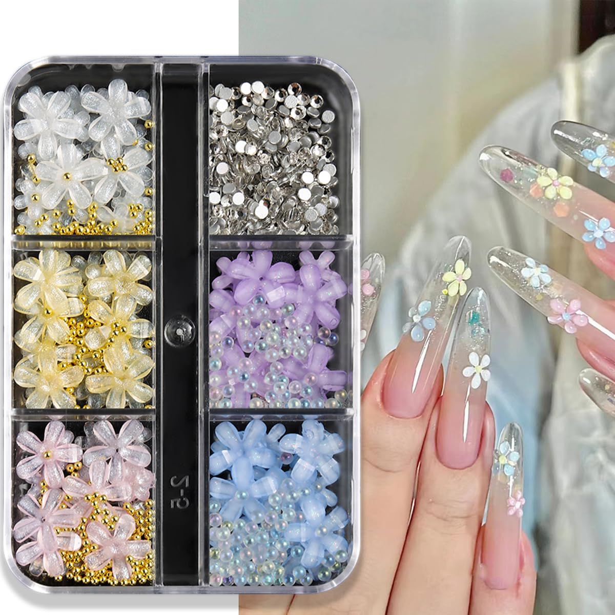 3D Colorful Flower Nail Charms - 6 Grids Acrylic Nail Art DIY Accessories with Gold Beads, Pearls & Rhinestones for Manicure, Wedding, Party Nail Designs