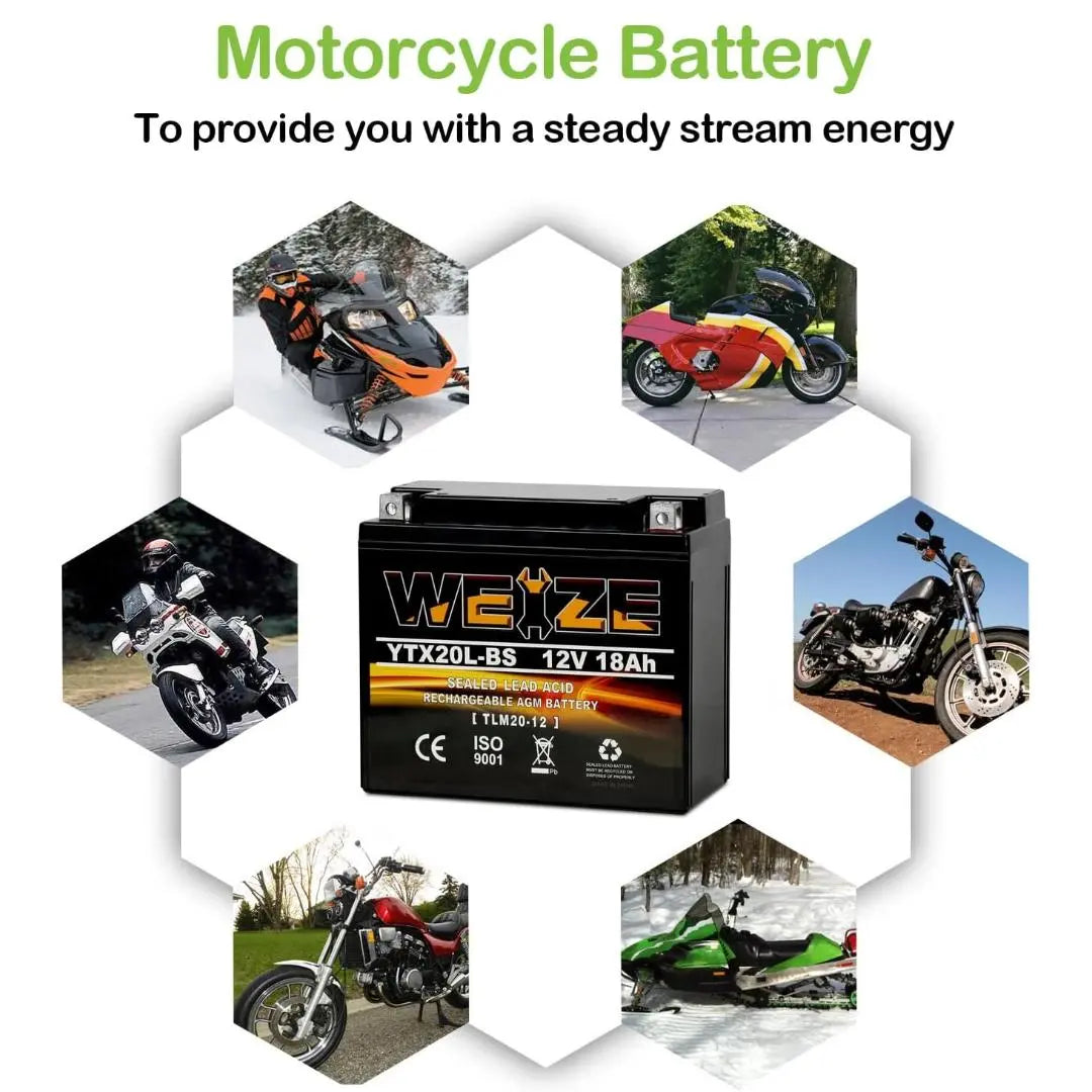 WEIZE YTX20L BS 12V 18Ah High Performance AGM Motorcycle Battery - Maintenance Free, Sealed, Powersports Battery for Motorcycle, ATV, UTV, Snowmobile - Perfect for Off-Road Adventures & Extreme Weather Conditions