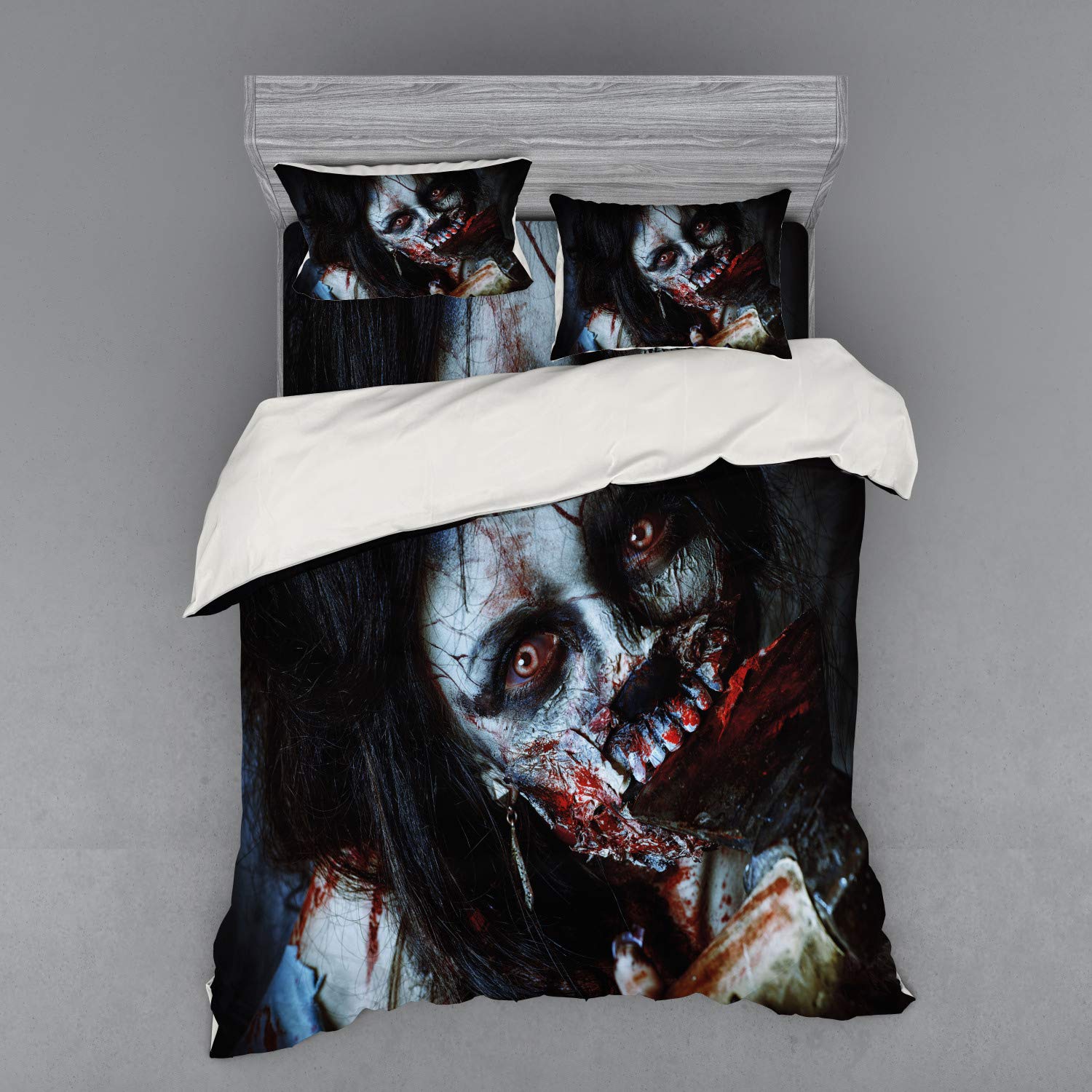 Ambesonne Zombie Duvet Cover Set - Scary Gothic Halloween Bedding with Bloody Tool Design, 4-Piece Queen Size Set Includes Shams & Fitted Sheet (Multicolor) - Perfect for Spooky Bedroom Decor, Horror Theme Parties & Halloween Gift Ideas