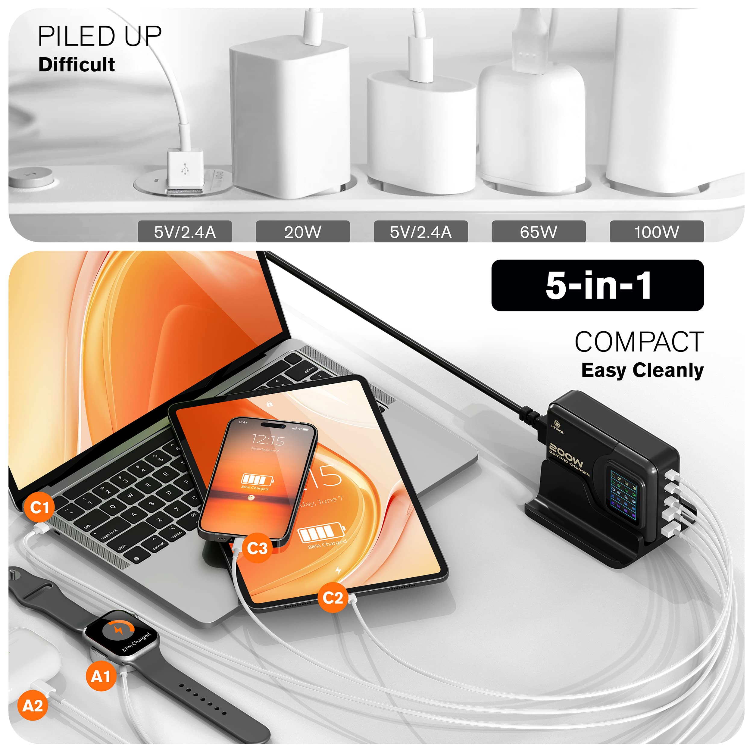 200W GaN USB C Charger with LCD Display - 5-Port Fast Charging Station (3 USB-C & 2 USB-A) - PD Compatible for MacBook, iPad, iPhone, Laptop - Compact Power Adapter for Home, Office & Travel Charging Multiple Devices