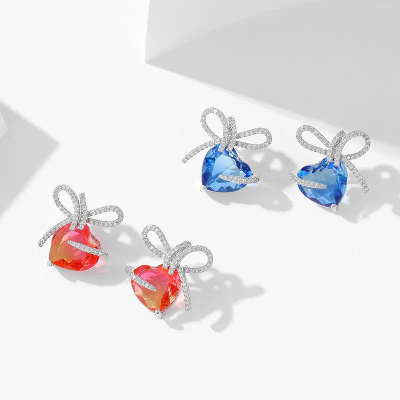 Sweet French Stud Earrings with Bow Knot Ribbon - Gradient Zircon Heart Shaped Earrings for Women - Elegant Jewelry Accessories for Date Night, Wedding & Special Occasions - LYX275