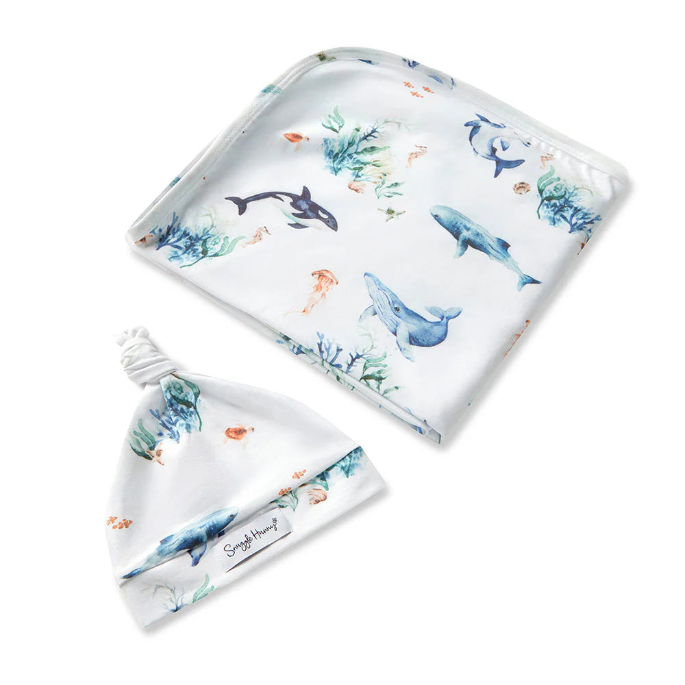 Snuggle Hunny Baby Jersey Wrap & Beanie Set - Soft Newborn Swaddle Blanket & Hat - Perfect for Baby Showers, Newborn Photography & Cozy Nursery Outfits - Ocean Blue
