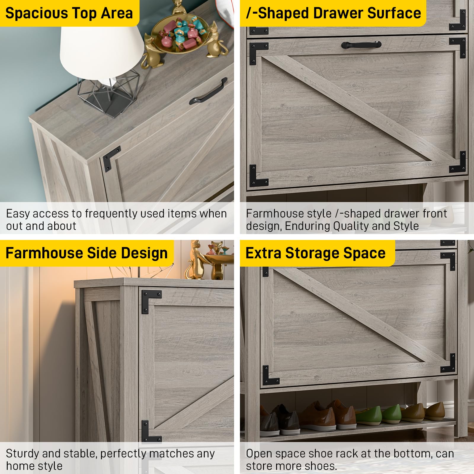 5-Tier Rustic Grey Shoe Storage Cabinet with 2 Flip Drawers - Farmhouse Entryway Organizer, Narrow Freestanding Wooden Shoe Rack for Hallway, Living Room & Bedroom Closet Organization