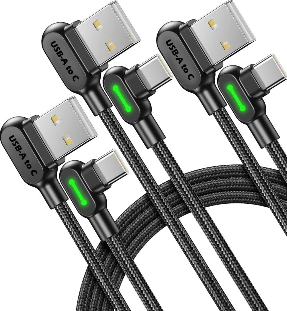 Fast Charging USB Type-A to Type C Cable - 3 Pack Nylon Braided Charger Cord with LED Light & 90° Angle for iPhone 16 Pro Max/15, iPad, Galaxy S24 (3 Different Lengths, Black) - Perfect for Gaming, Travel & Home Charging