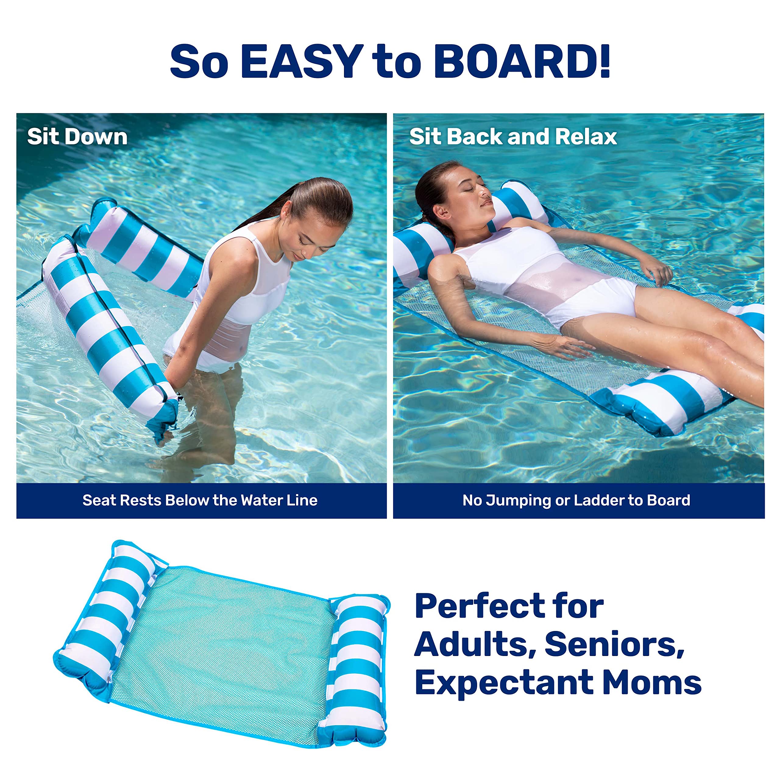 Aqua 4-in-1 Monterey Hammock Pool Float & Water Hammock - 2/3/4 Person Multipack for Adults & Kids - Premium Inflatable Lounge for Pool, Lake, Beach Vacation - Blue/Green/Pink Color Options