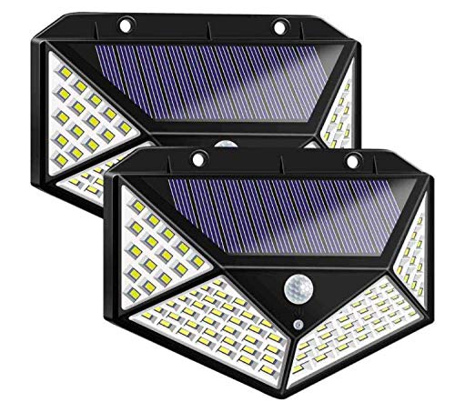 2 Pack Solar Lights Outdoor with Motion Sensor - 100 LED Solar Fence Lights IP65 Waterproof Black for Garden, Pathway, Patio & Yard Security Lighting