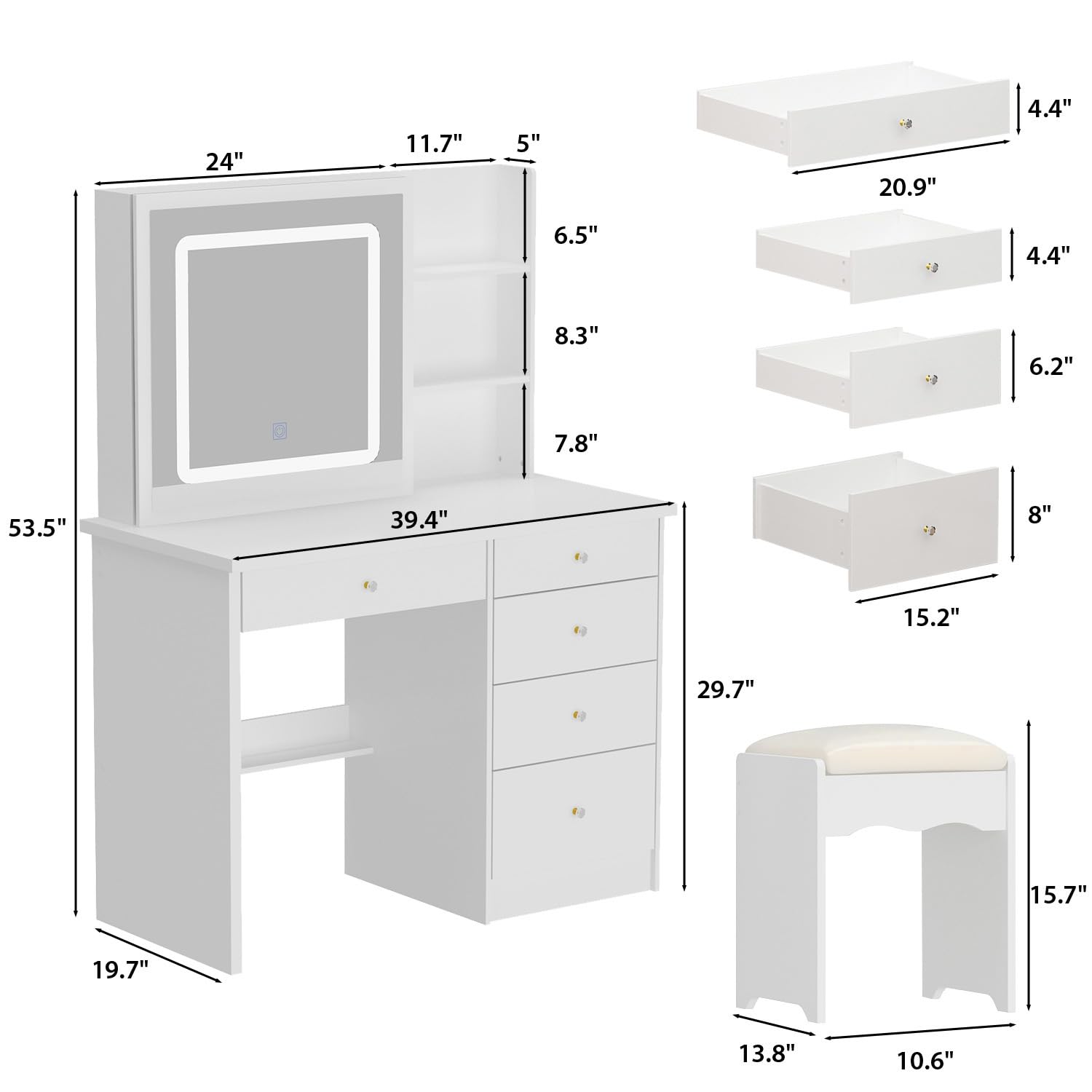 Homsee White Vanity Desk Set with Large LED Mirror & 5 Drawers - Makeup Dressing Table with Storage Shelves & Cushioned Stool for Bedroom - Perfect for Beauty Routine, Cosmetics Organization & Home Decor