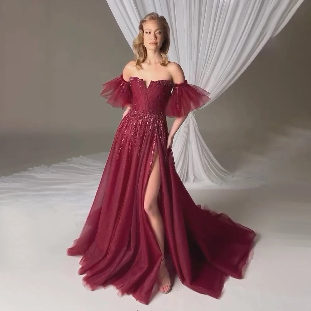 Elegant Wine Red A-Line High Slit Evening Gown with Detachable Short Sleeves - Formal Dress for Prom, Gala, Cocktail Party & Special Occasions - LA72938