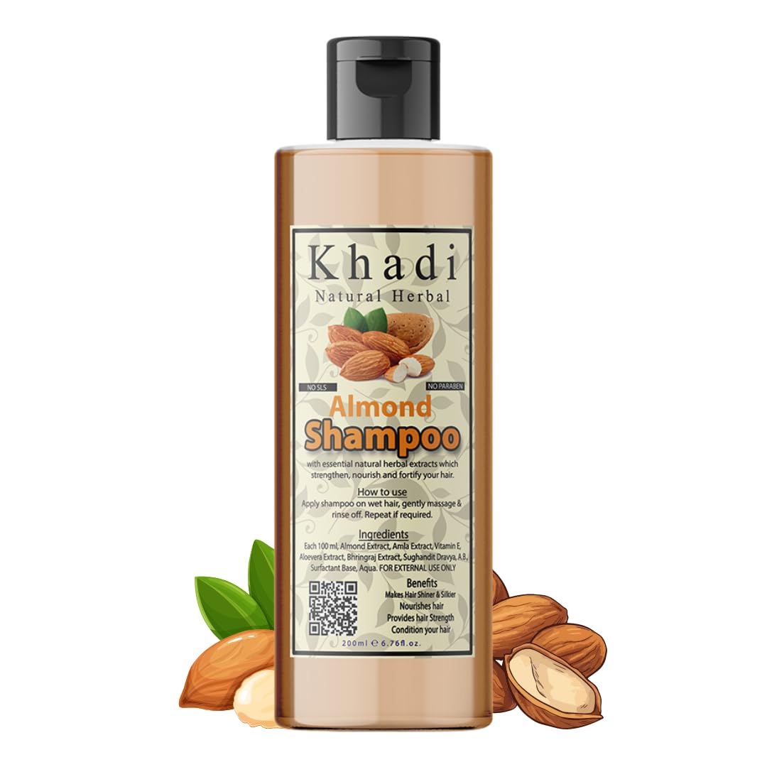 Khadi Natural Herbal Almond Shampoo for Long, Strong & Healthy Hair - Hair Fall Control & Smooth Silky Hair (200ml) | Perfect for Daily Hair Care & Scalp Nourishment