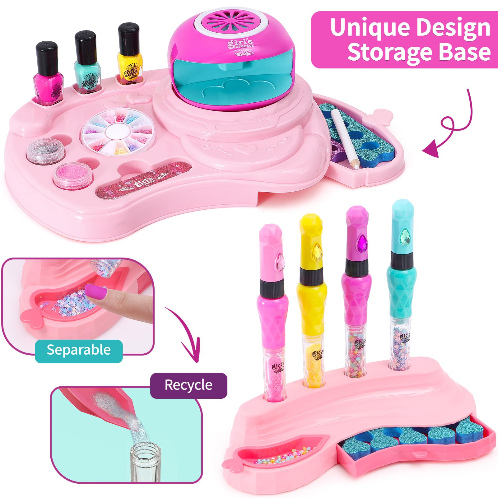 Non-Toxic Kids Nail Polish Set for Girls Ages 4-13 - 4 Nail Art Pens, Mini Nail Dryer, 3 Polish Colors, 2 Storage Bases, Stickers & Glitter Powder - Birthday Gift & Salon Toy Kit for Pretend Play & Creative Nail Art Designs