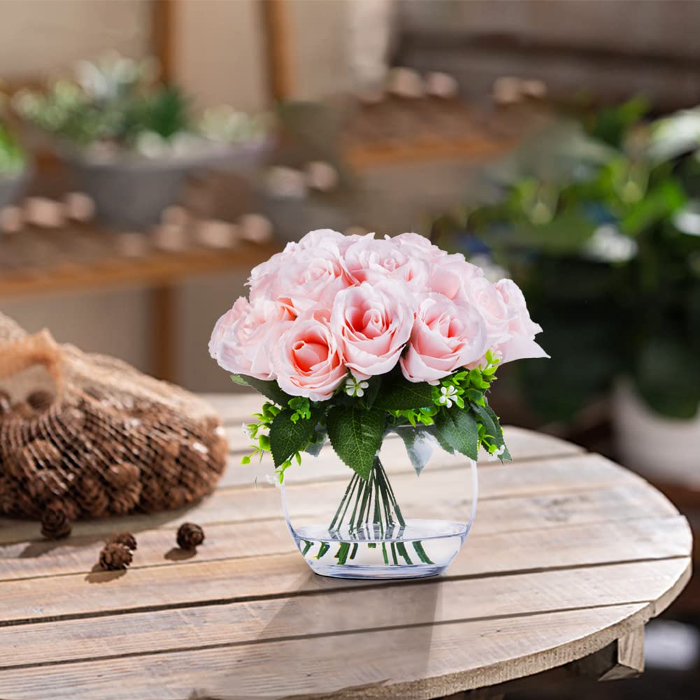 ENOVA FLORAL 18 Heads Silk Rose Artificial Flowers in Vase - Pink Faux Rose Bouquet with Round Bowl Vase & Faux Water for Home, Wedding, Office Table Decor - Perfect for Centerpieces, Dining Tables, and Event Decorations (Pink)