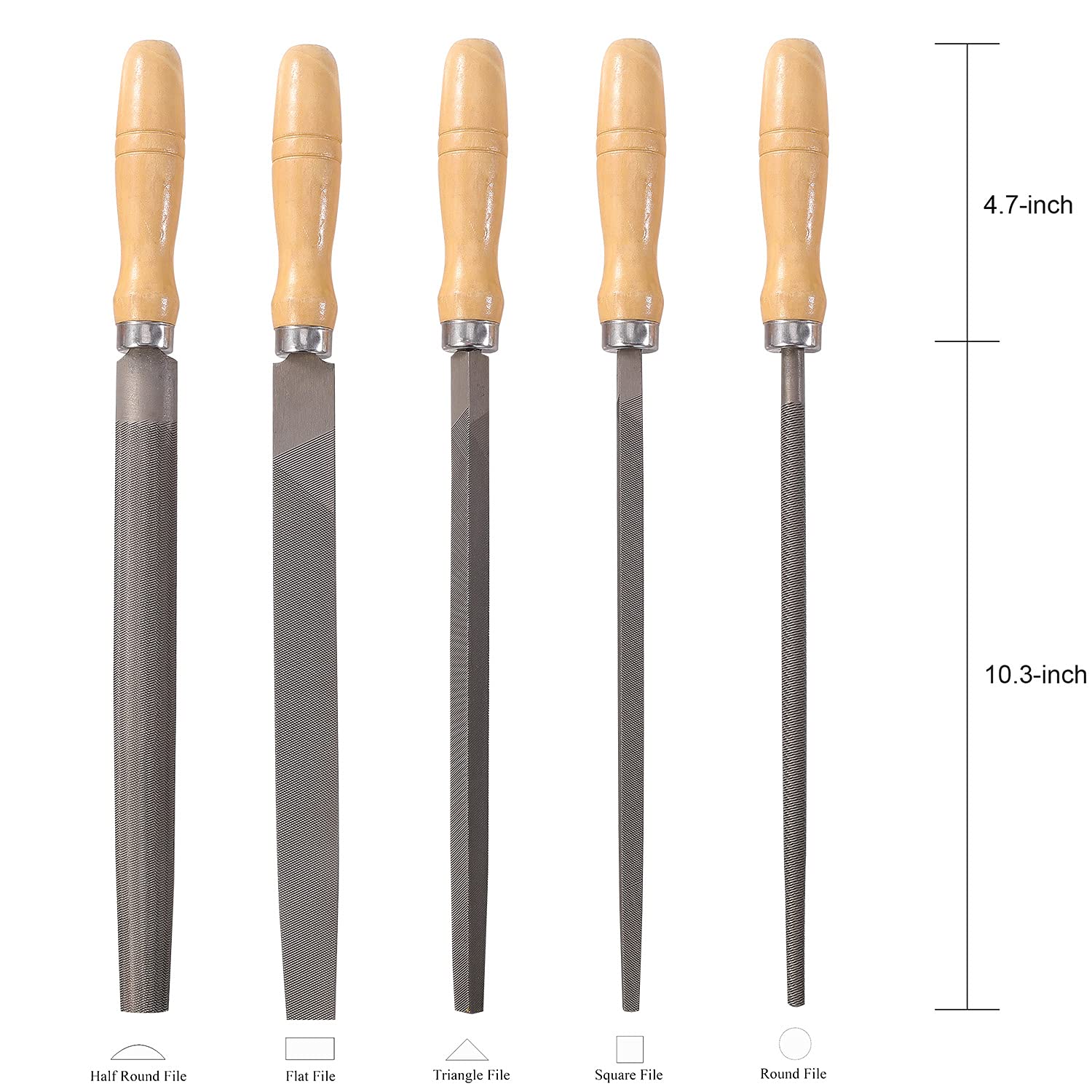 5-Piece Carbon Steel File Set with Wooden Handles - Wood, Metal & Plastic Files - Heavy Duty Steel File for DIY, Carpentry & Metalworking Projects