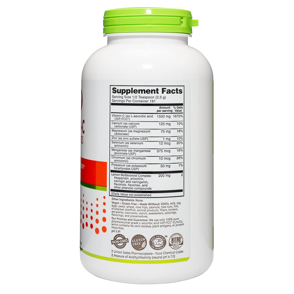 NutriBiotic Ascorbate Bio-C Effervescent Vitamin C Powder with Lemon Bioflavonoids - 16 Oz | Calcium, Magnesium, Zinc & Selenium Mineral Complex | Vegan Antioxidant for Immune & Collagen Support | Great for Daily Wellness & Post-Workout Recovery