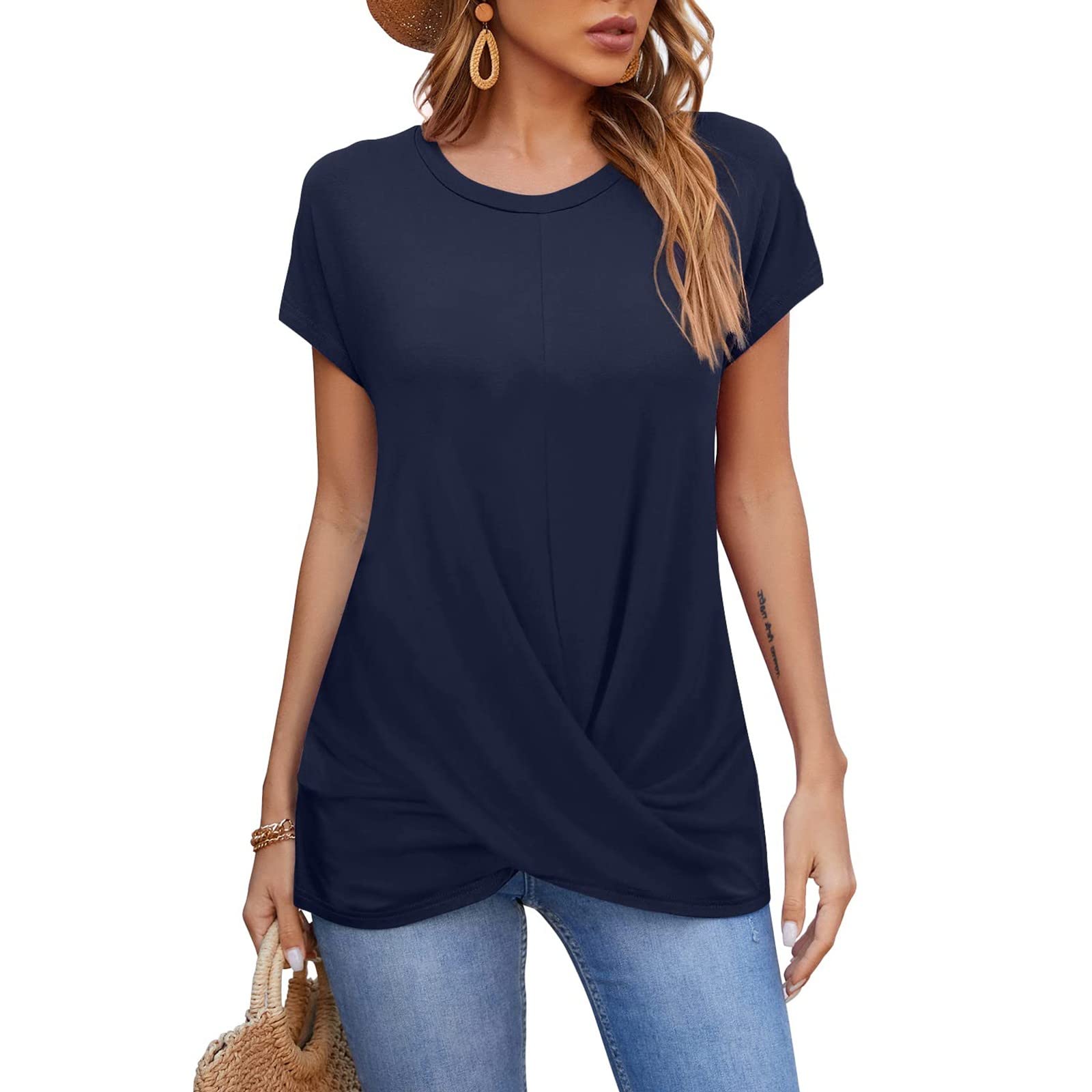 Women's Short Sleeve T-Shirts - Summer Casual Loose Tunic Tops with Front Twist Detail | Trendy Basic Tee for Work & Everyday Wear | Comfortable Ladies Blouse for Office, Outings & Relaxation