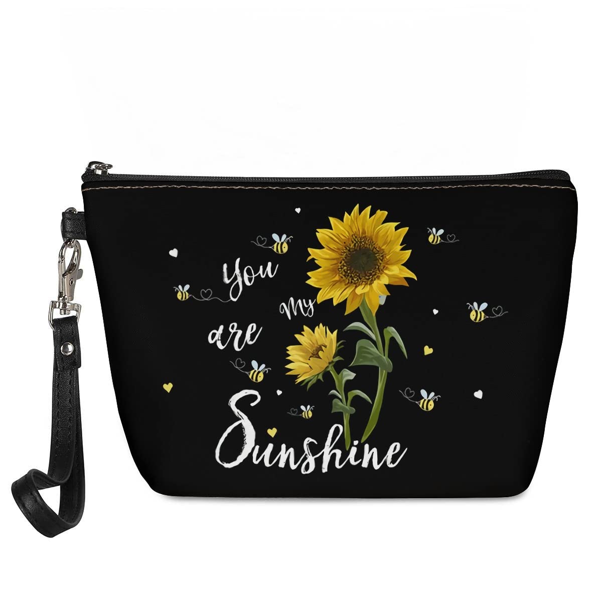 DISNIMO Waterproof PU Leather Cosmetic Bag - Sunflower Bee Design Makeup Clutch & Travel Toiletries Organizer with Wrist Strap | Perfect for Travel, Gym & Daily Essentials Storage | Your Are My Sunshine Gift Idea