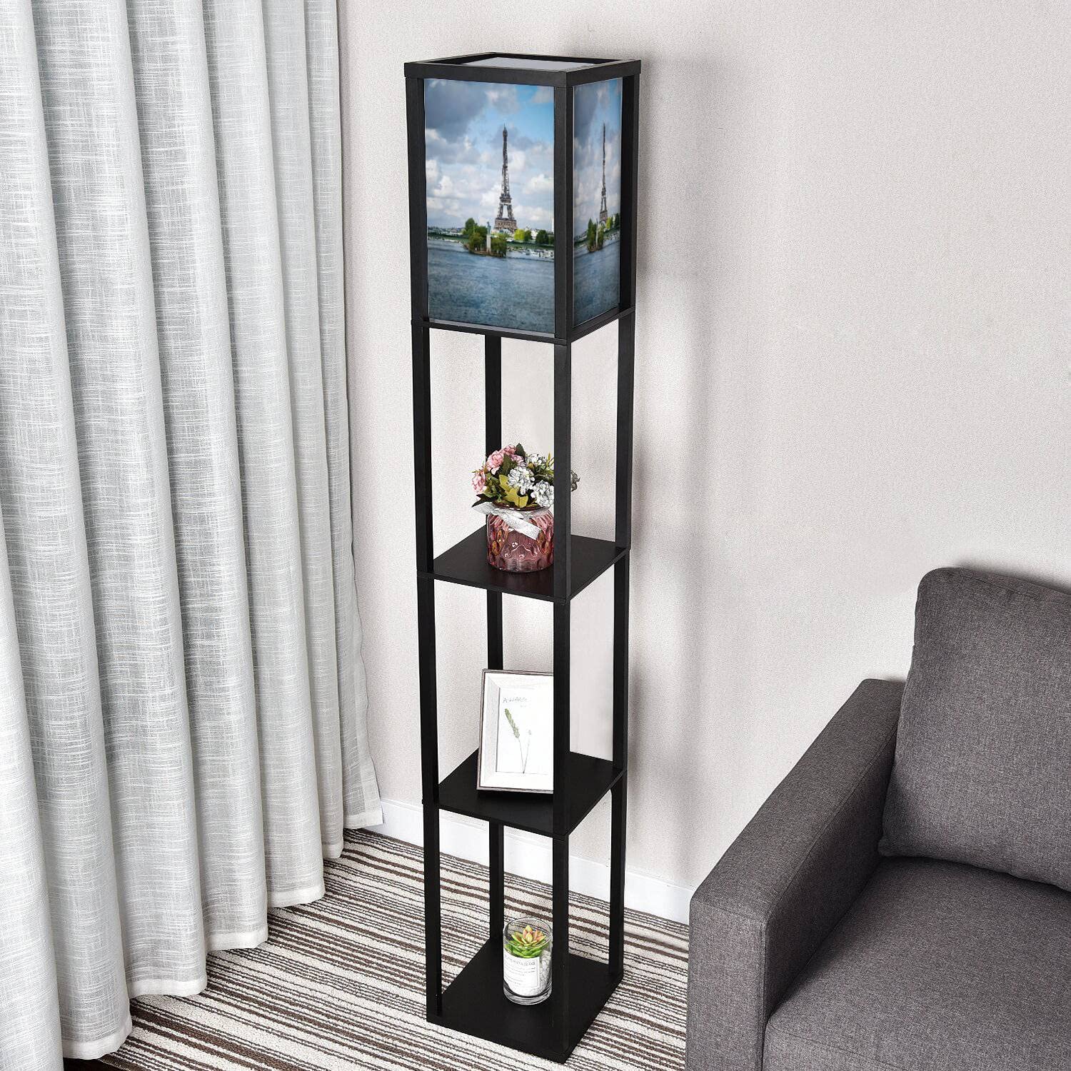 Corner Floor Lamp with Shelves - Eiffel Tower & Statue of Liberty Design - Adjustable 3-Color Temperature LED Standing Lamp with Linen Lampshade for Living Room, Bedroom - Perfect for Reading, Decor & Ambient Lighting