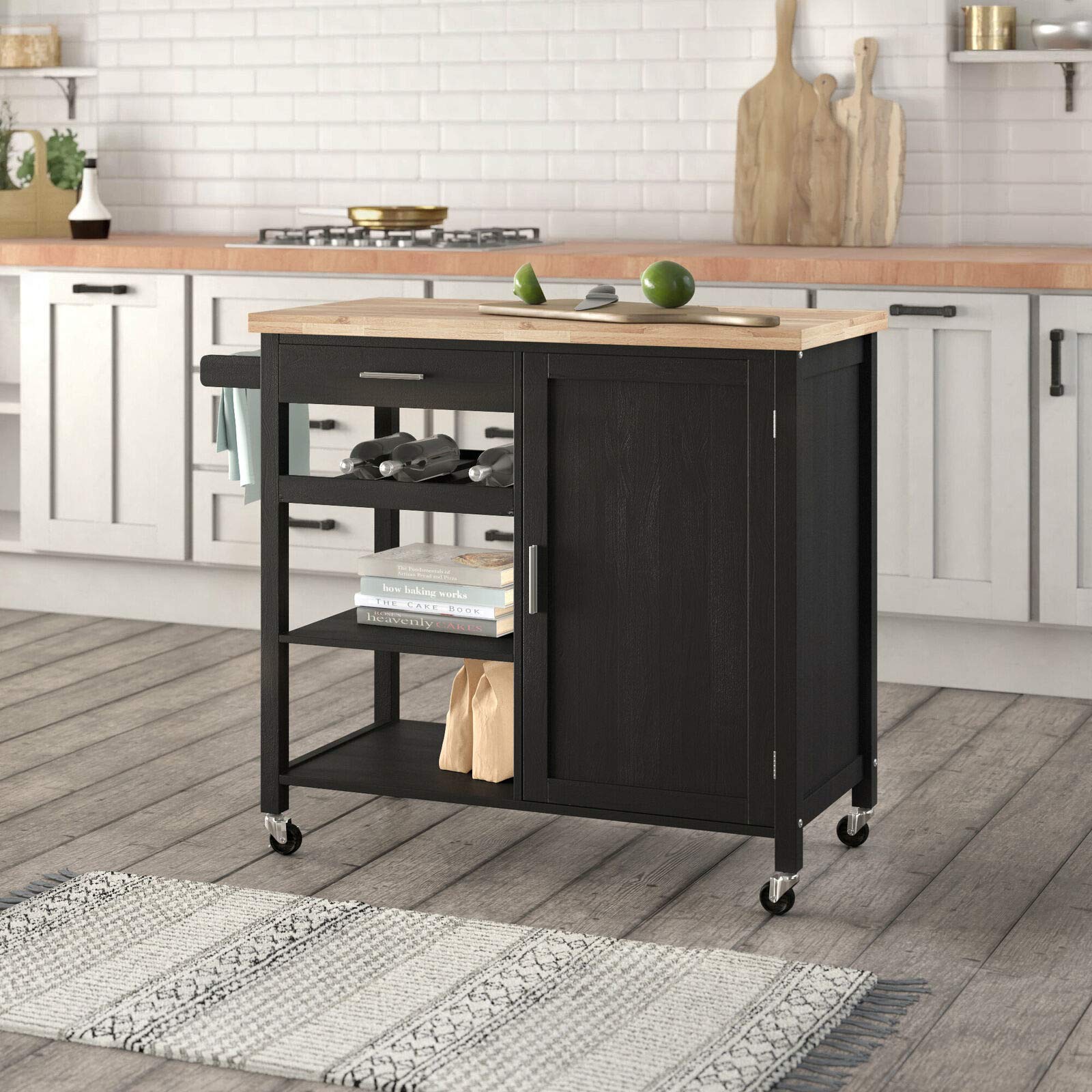 Walomes Kitchen Rolling Island Cart with Wheels - Black - Mobile Storage Cabinet for Dining Room, Kitchen, or Pantry Organization