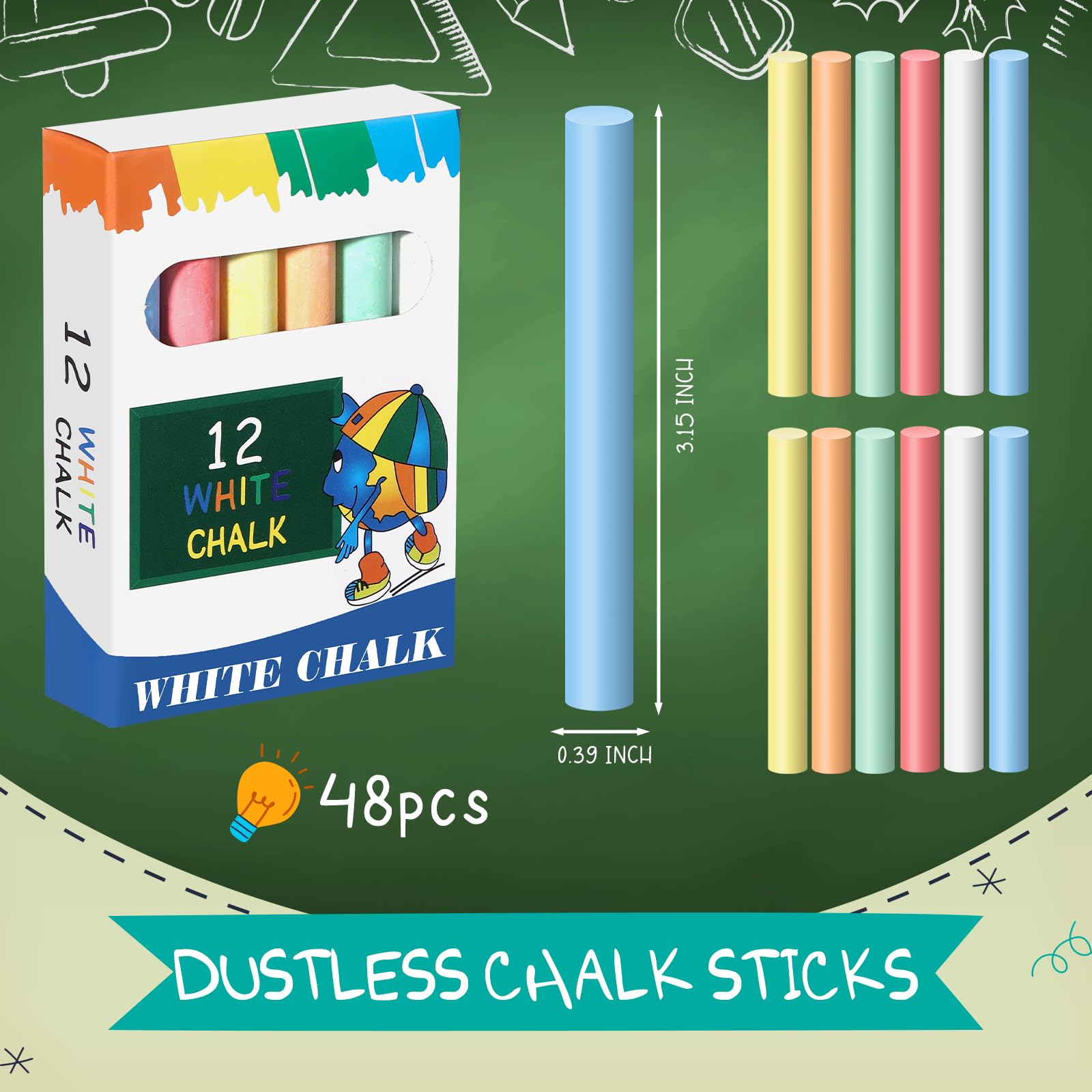 48 Pcs Non-Toxic Dustless Chalk - 6 Vibrant Colors for Indoor Chalkboards, School, Classroom, Home & Cafe Menu Writing - Ideal for Teaching, Learning, Sidewalk Art and Creative Projects