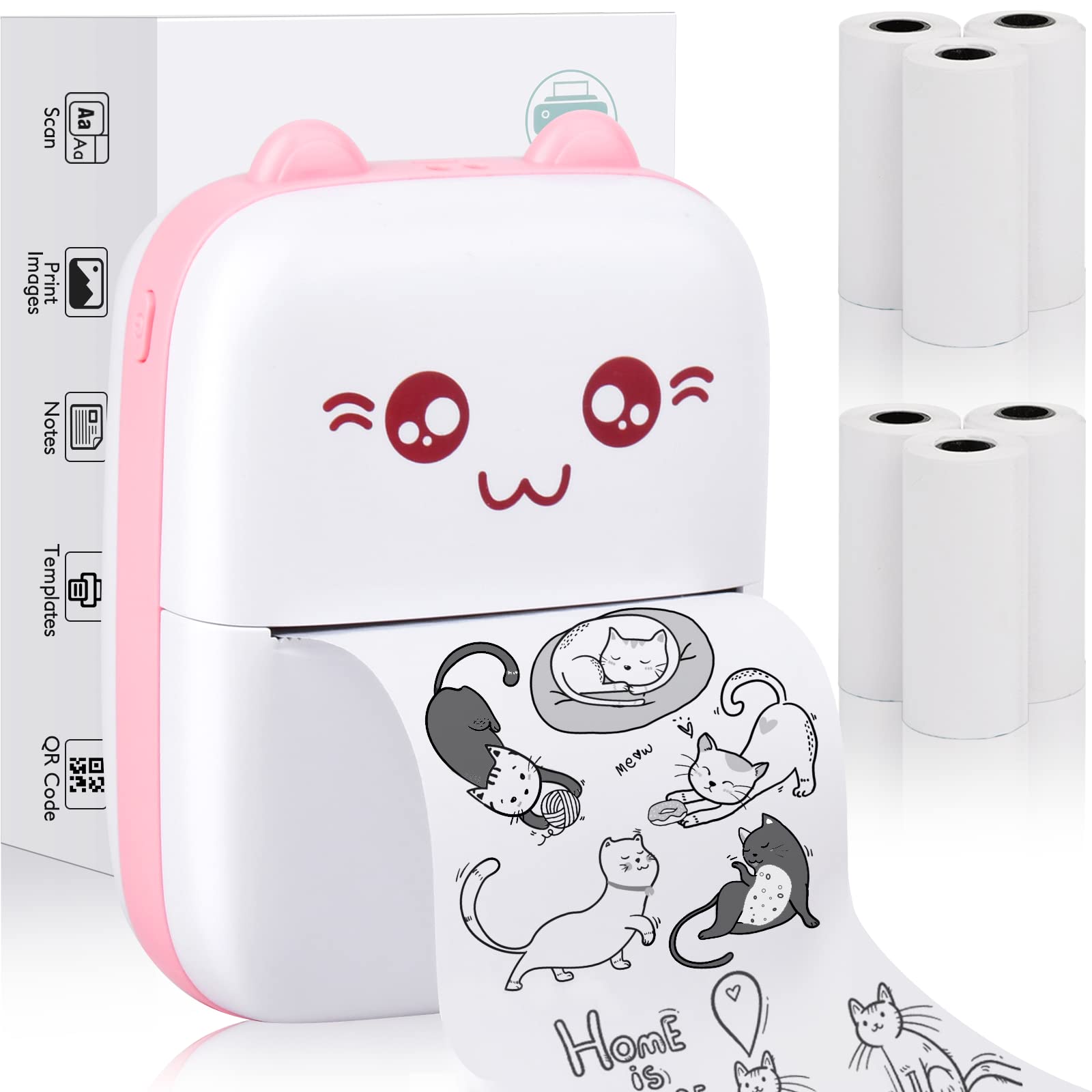 Eschen Pocket Mini Printer - Portable Wireless Thermal Printer for iOS & Android, 6 Rolls Inkless Printing Paper Included - Print Labels, Receipts, Stickers, Photos, Lists & Notes - Perfect for Home, Office, Travel & Gift Giving (Pink)