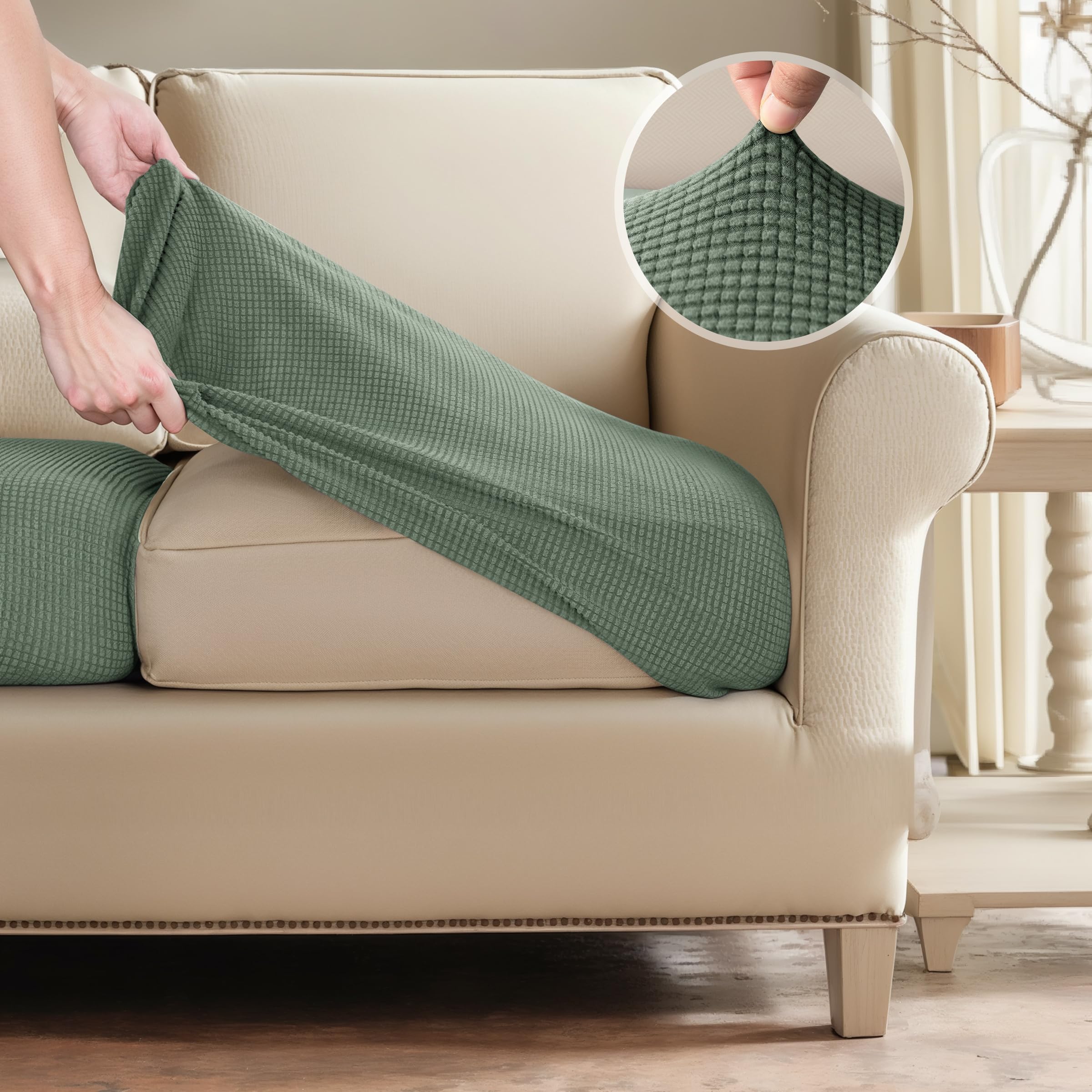 SUBRTEX Stretch Cushion Cover - Elastic Sofa Slipcover for Couch, Loveseat & RV Seats - Spandex Furniture Protector (Large, Olive Drab) - Perfect for Home, Office & Travel Use