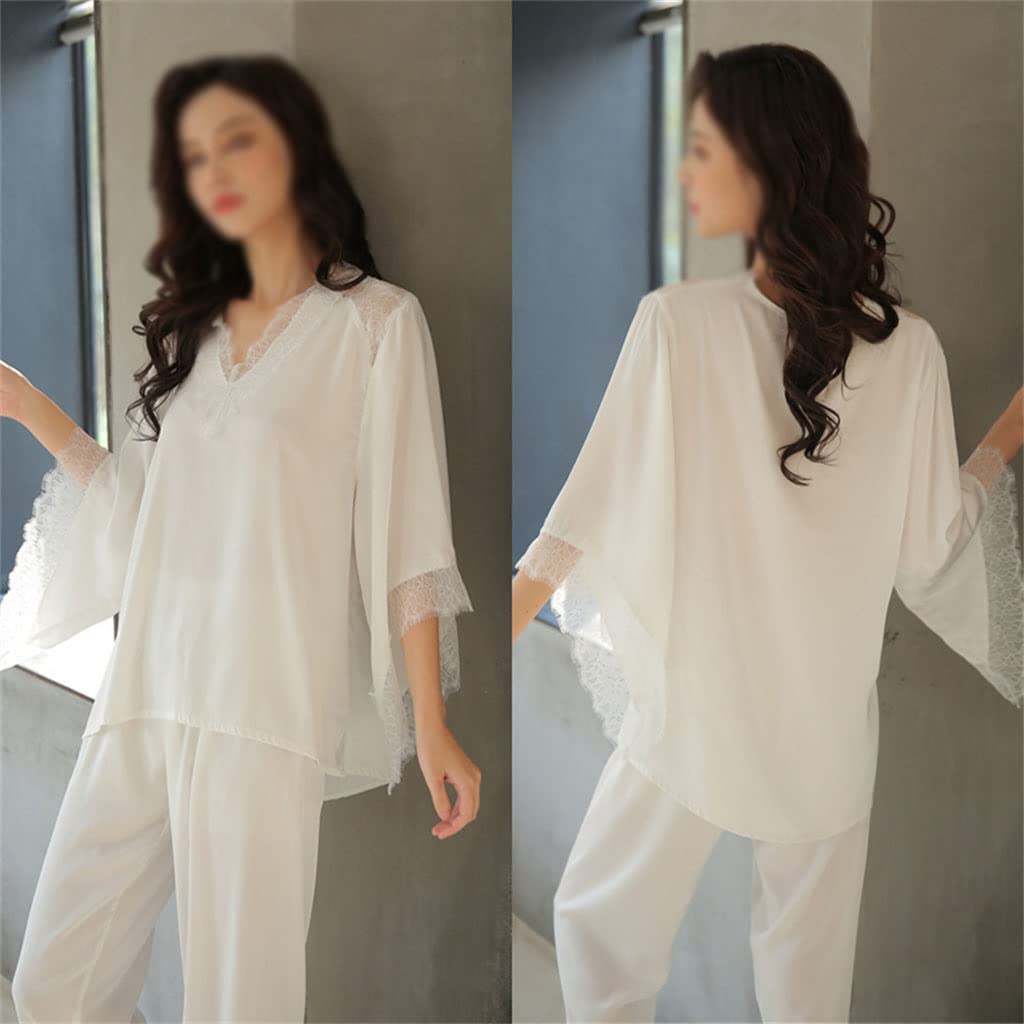 Silk Pajama Set for Women - Sexy Lace Sleepwear & Lounge Wear - 2 Piece Pijama Set with Sleep Tops - House Clothing for Comfort & Style (White, X-Large) - Perfect for Bedtime, Relaxing at Home & Romantic Occasions