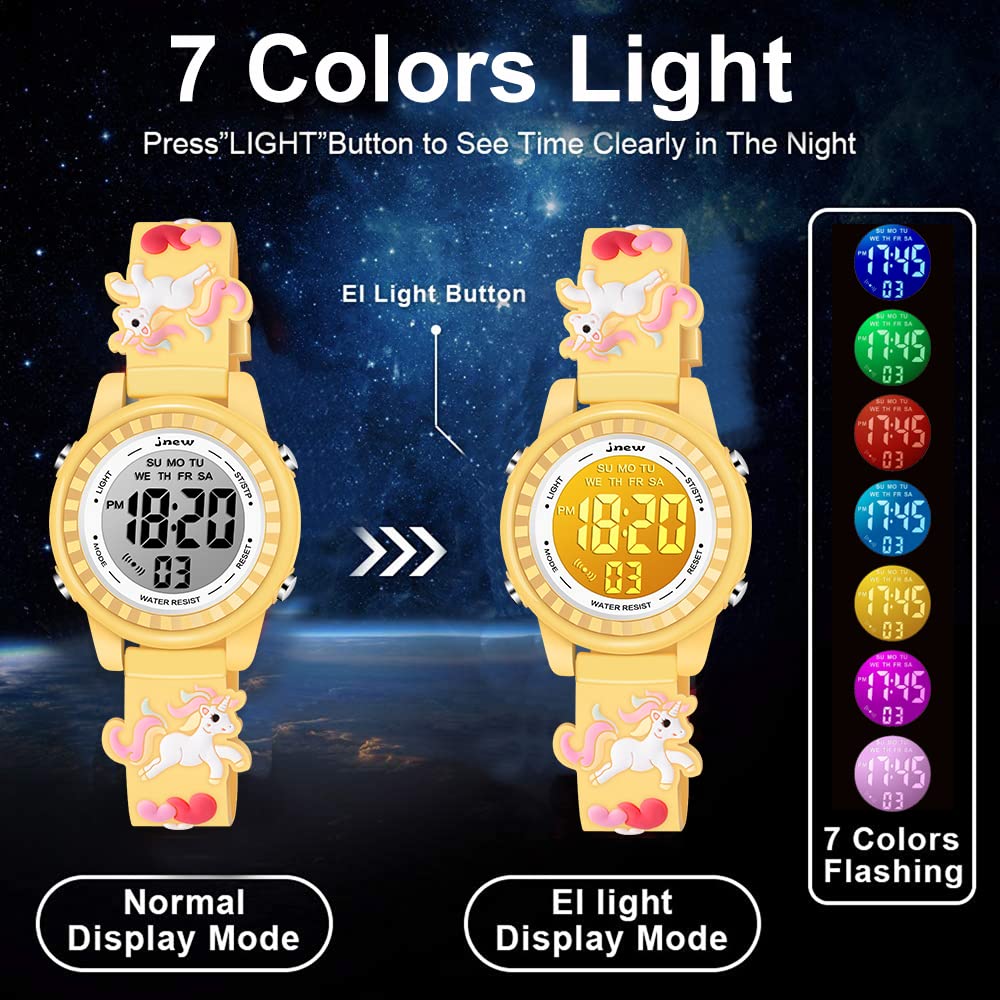 Venhoo Kids Digital Watch - 3D Cartoon Waterproof Wristwatch with 7 Color LED Lights, Alarm & Stopwatch for Girls Ages 3-10 | Perfect for School, Playtime & Outdoor Activities