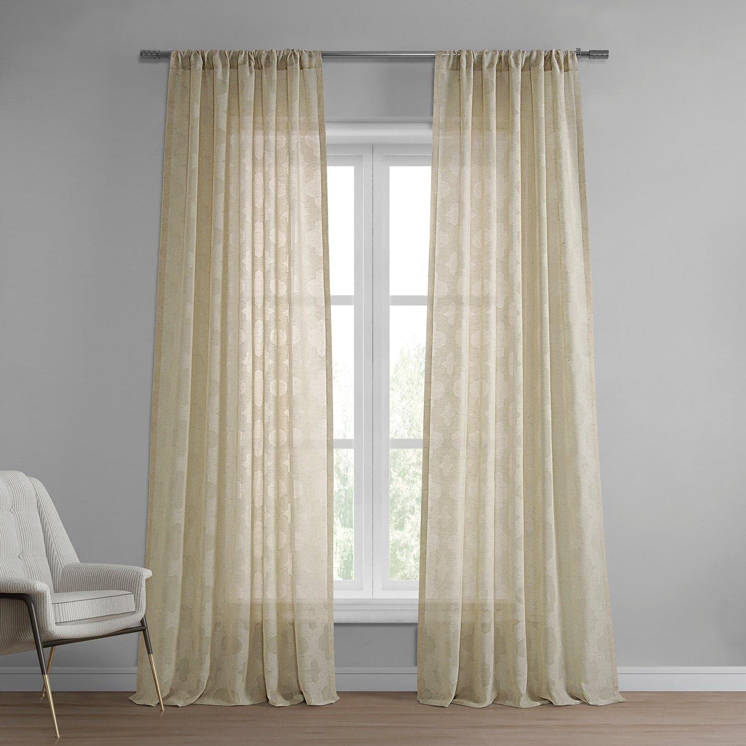 Calais Tile Beige Geometric Pattern Faux Linen Sheer Curtains - Modern Window Treatment for Living Room, Bedroom & Office