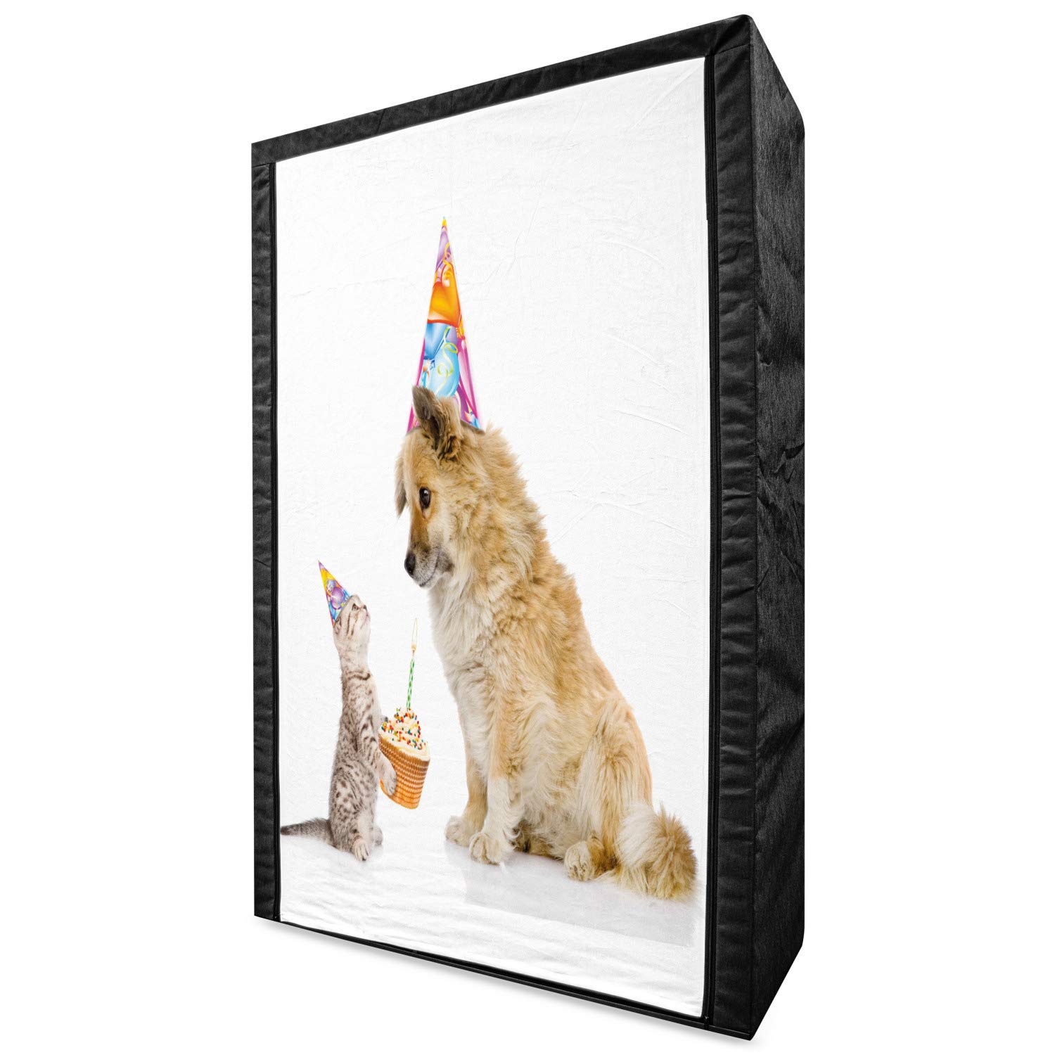 Ambesonne Portable Fabric Wardrobe for Birthday Party - 42.5 Inch Pet Lover Closet Organizer with Shelves | Cat & Dog Theme with Cupcake & Candle Design | Multicolor Clothing Storage Solution for Bedroom, Dorm, or Kids Room