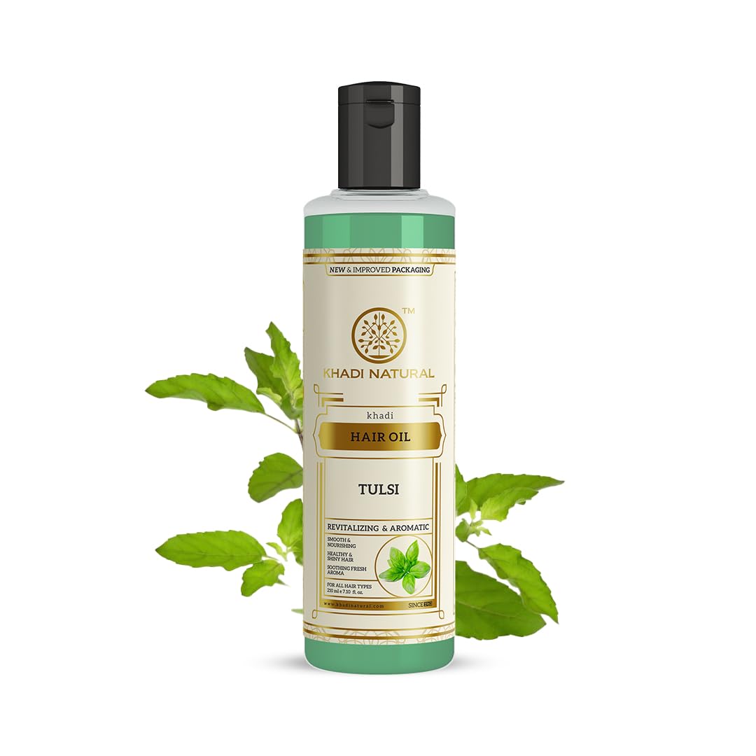 Khadi Natural Tulsi Herbal Hair Oil for Hair Growth & Scalp Care | Ayurvedic Treatment for Hair Fall, Dry Scalp & Dandruff | Non-Sticky, Lightweight Formula for All Hair Types | 210ml | Perfect for Daily Hair Care & Massage Therapy