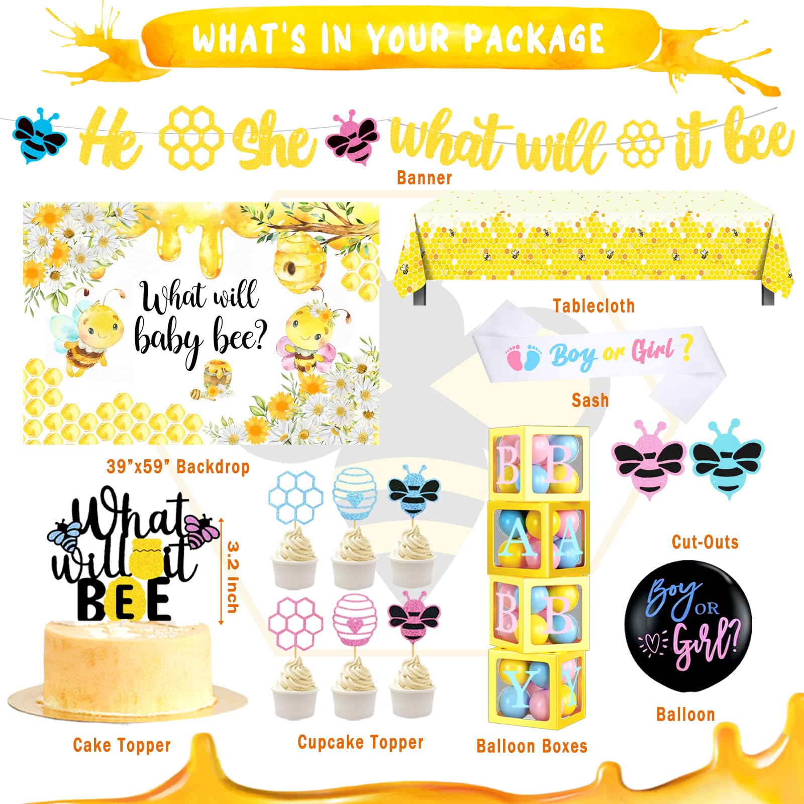Bee Gender Reveal Party Decorations Set - Bumble Bee Baby Shower Backdrop, Balloons, Banner, Tablecloth & Cake Toppers for 'What Will It Bee' Theme Celebrations