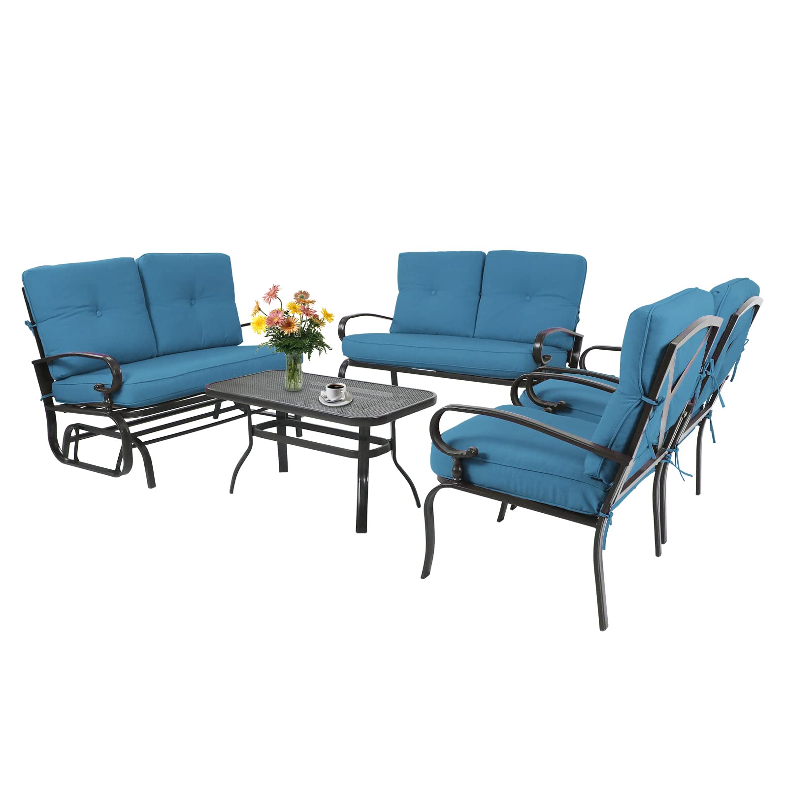 5-Piece Outdoor Metal Patio Furniture Set with Cushions - Wrought Iron Glider, 2 Chairs, Loveseat & Coffee Table in Peacock Blue - Perfect for Garden, Backyard, Poolside or Terrace Relaxation