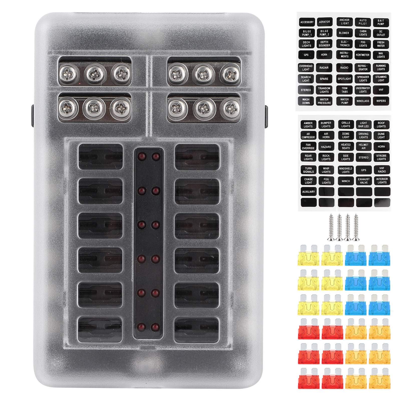 12 Circuit Fuse Block Holder with LED Indicator - Waterproof Blade Fuse Box for Cars, Yachts, Marine Boats & RVs - Perfect for Automotive Electrical Systems and Marine Applications