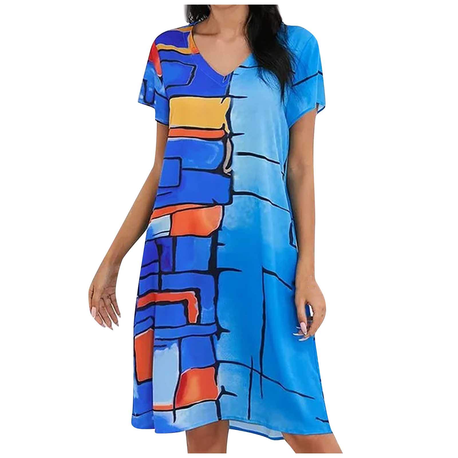 Women's Summer Casual T-Shirt Dress - Short Sleeve Boho Beach Dress with Abstract Painting Print | Perfect for Vacation, Beach Outings & Summer Fashion