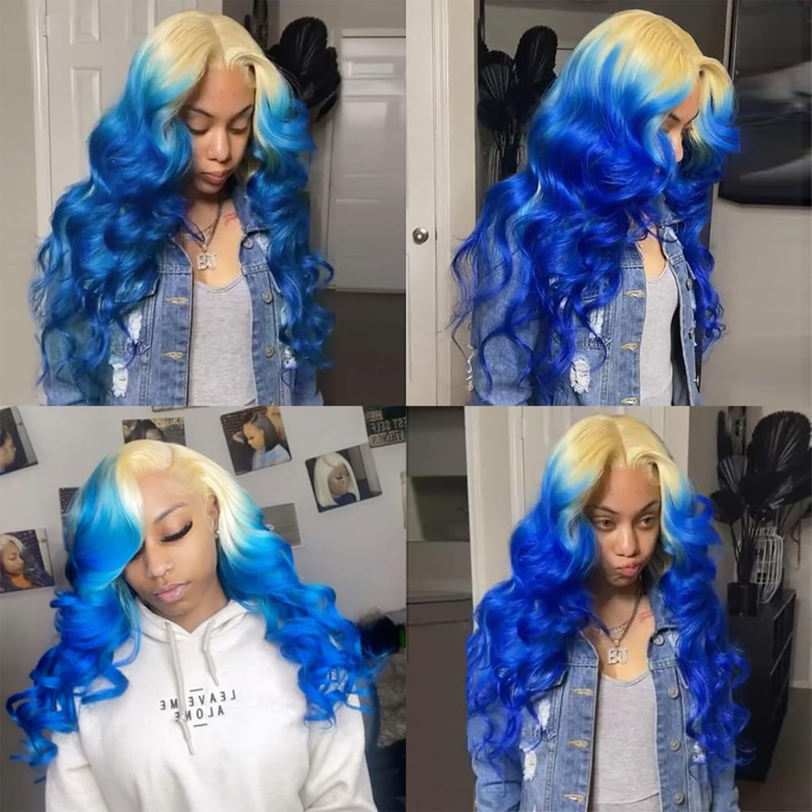 Blonde Blue Ombre Human Hair Wig - 13x4 Lace Front HD Transparent Glueless 180 Density 24 Inch - Perfect for Cosplay, Halloween, Parties & Special Events