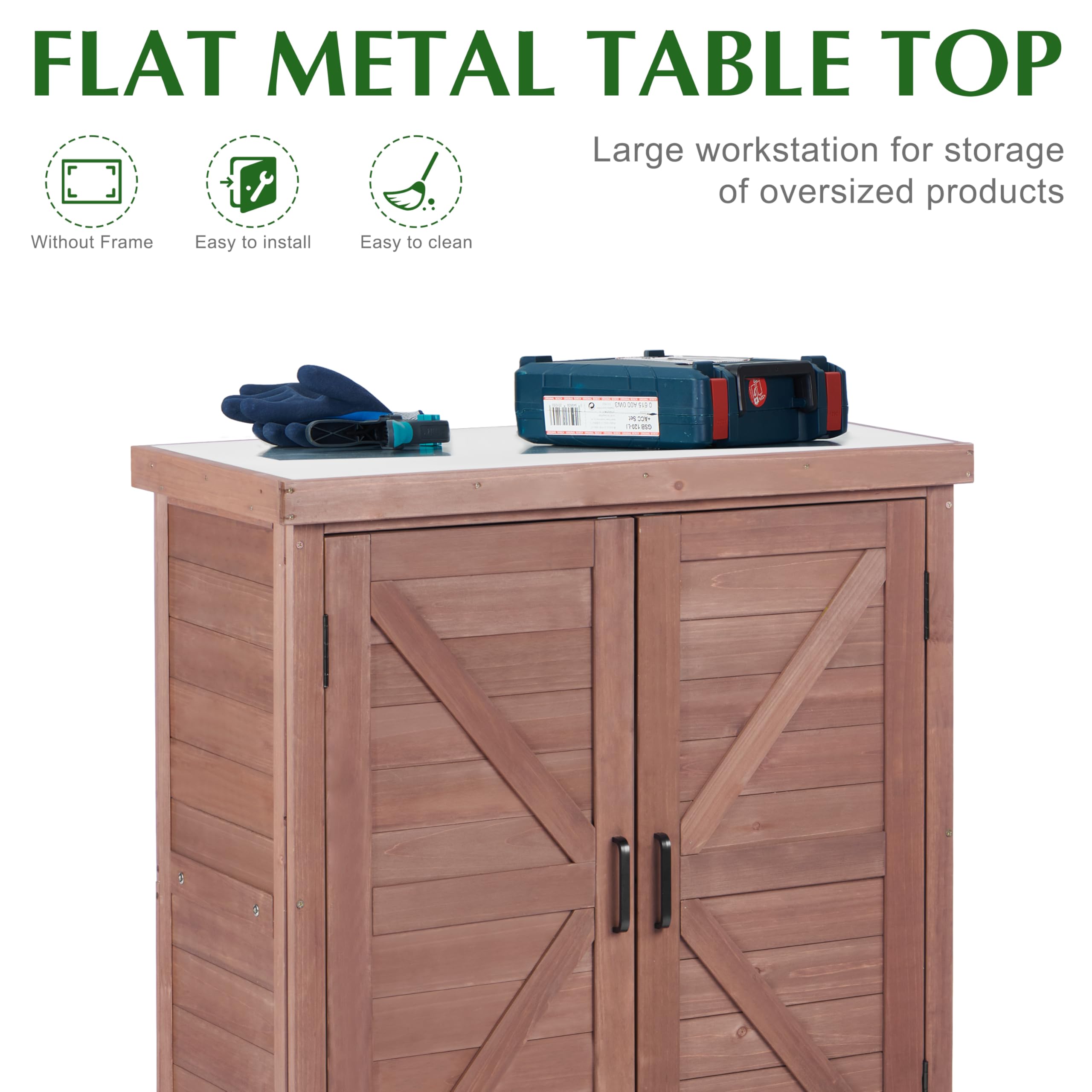 Outdoor Storage Cabinet & Potting Bench with Metal Top - 36x31x17in Wooden Garden Workstation for Patio, Backyard & Gardening - Royal Brown