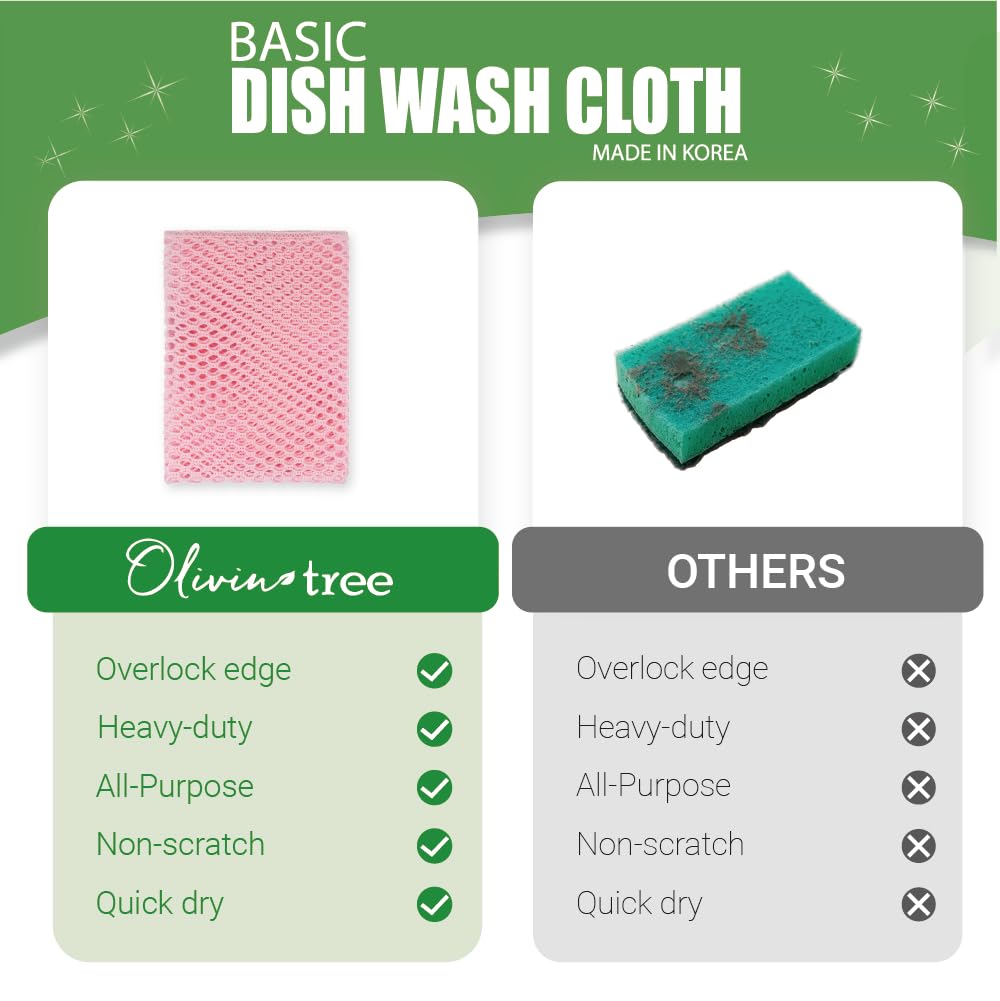 Olivia Tree 5-Pack Premium Dish Washing Net Cloths - Quick Dry Scrubber Sponge for Pots, Pans & Dishes (11x11 Inch) - Durable Kitchen Cleaning Pads for Easy Stain Removal & Grease Cutting