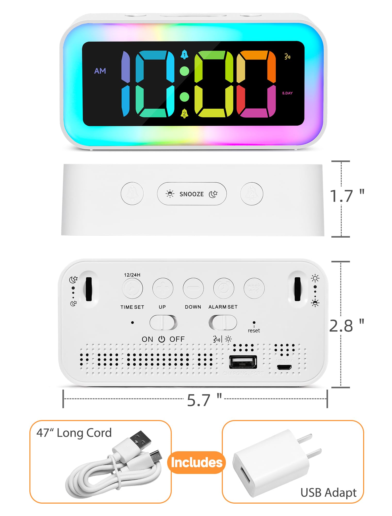 **Cadmos Loud Alarm Clock with Dynamic RGB Night Light - Dual Alarm, USB Charger & Dimmer - Digital LED Display for Heavy Sleepers, Adults, Kids, Teens & Seniors - Perfect for Bedrooms, Dorms & Nightstands (White)**