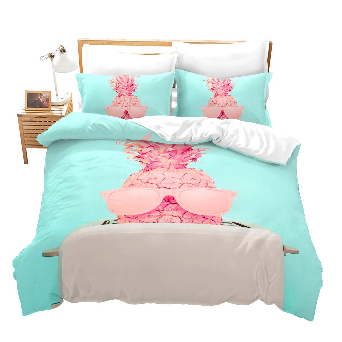 Erosebridal Pink Pineapple Duvet Cover Queen Size - 3 Piece Tropical Fruit Print Bedding Set with Zipper & Ties for Kids, Teens, Women & Boys | Pineapple Pattern Decor for Bedroom, Dorm, Guest Room (Comforter Not Included)