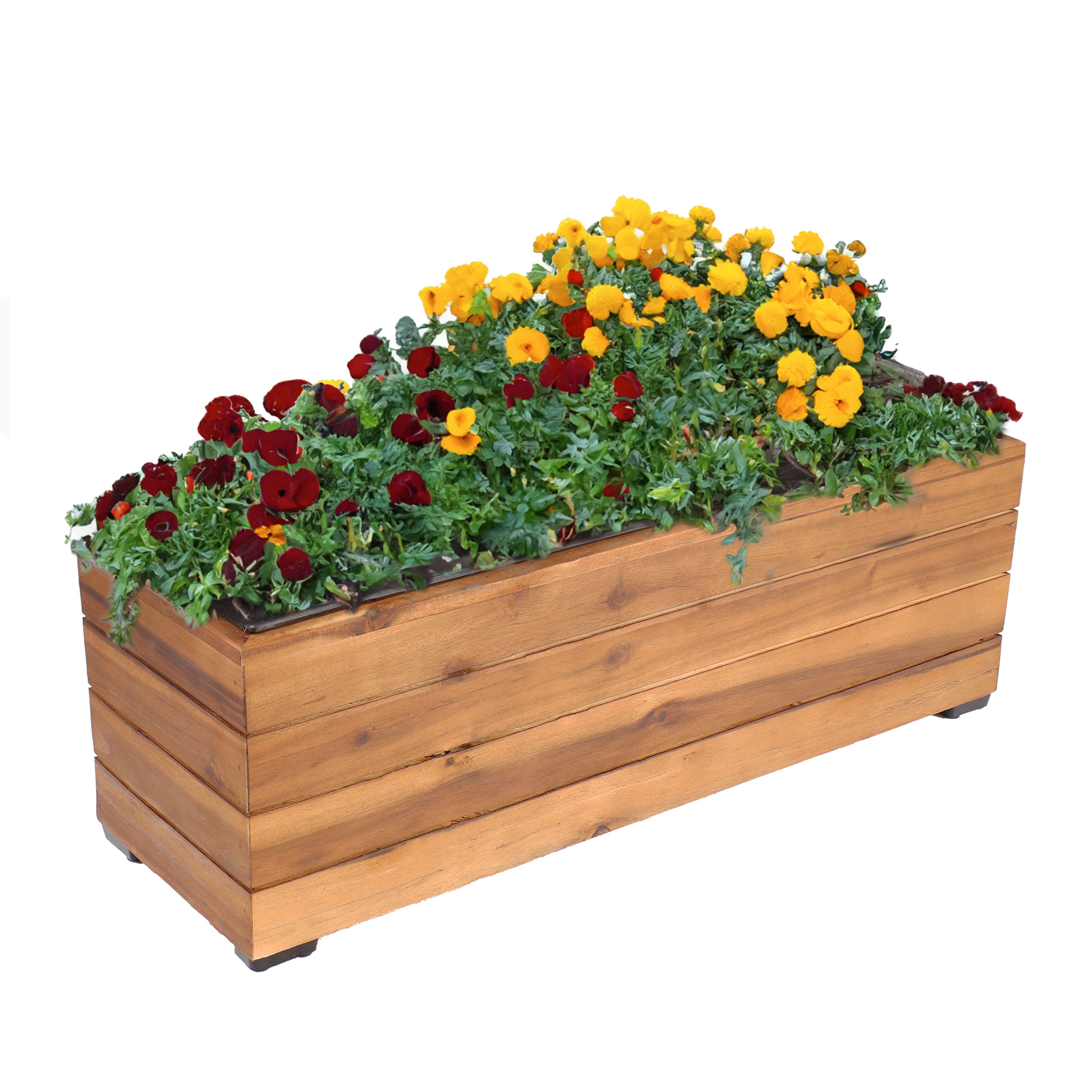 Sunnydaze Rectangular Wood Planter Box with Plastic Liner - Outdoor Garden Decor for Flowers, Herbs & Plants - Perfect for Patio, Deck & Backyard Landscaping