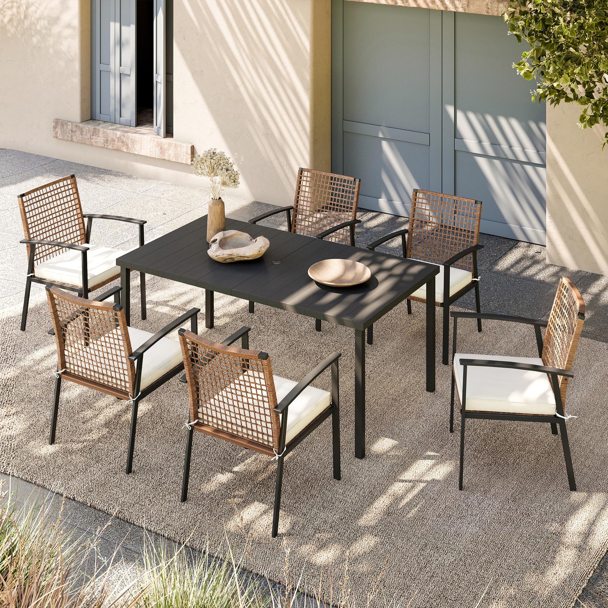 LAUSAINT HOME 7-Piece Patio Dining Set - Outdoor Furniture with 6 Chairs & Iron Table (Umbrella Hole) - Weather-Resistant Backyard, Garden, Poolside Conversation Set for Relaxing & Entertaining