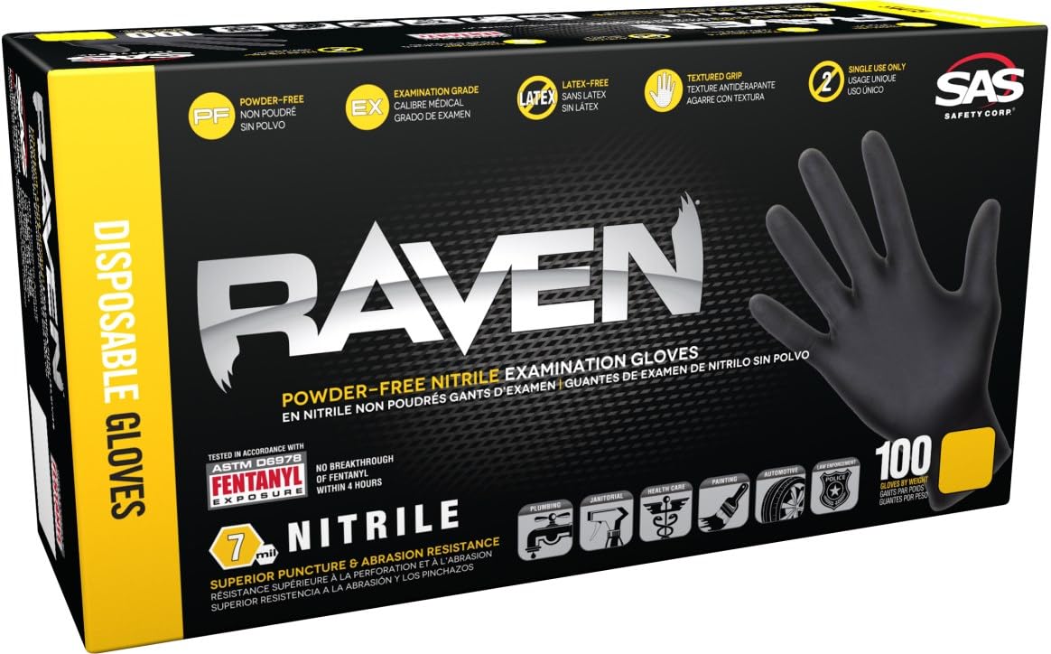 SAS Safety 66518 Raven Powder-Free Disposable Black Nitrile Gloves - 6 Mil Thickness, Large Size, Case of 10 Pairs - Ideal for Medical, Laboratory, Tattoo, Cleaning & Automotive Work