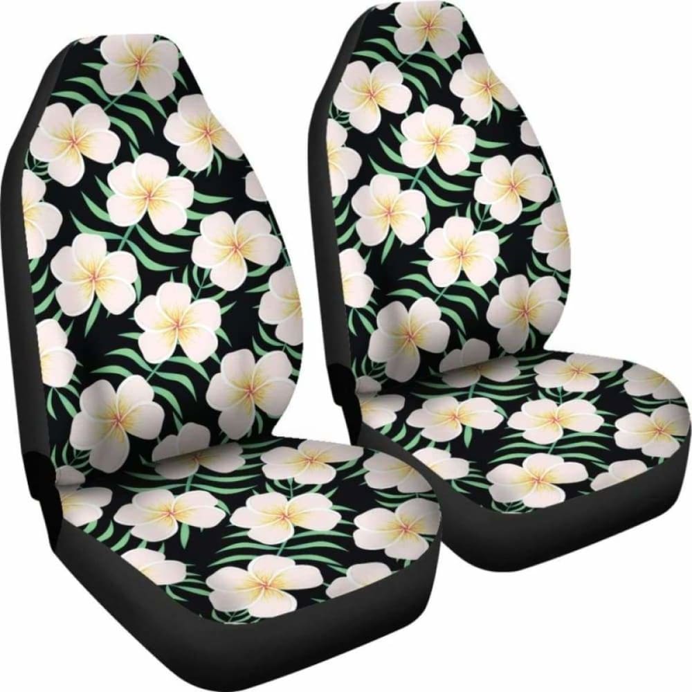 Black Hawaiian Floral Car Seat Covers with Large Plumeria Frangipani Flower Pattern - Breathable & Non-Slip Auto Accessories for SUVs, Trucks & Sedans - Tropical Island Style Interior Upgrade