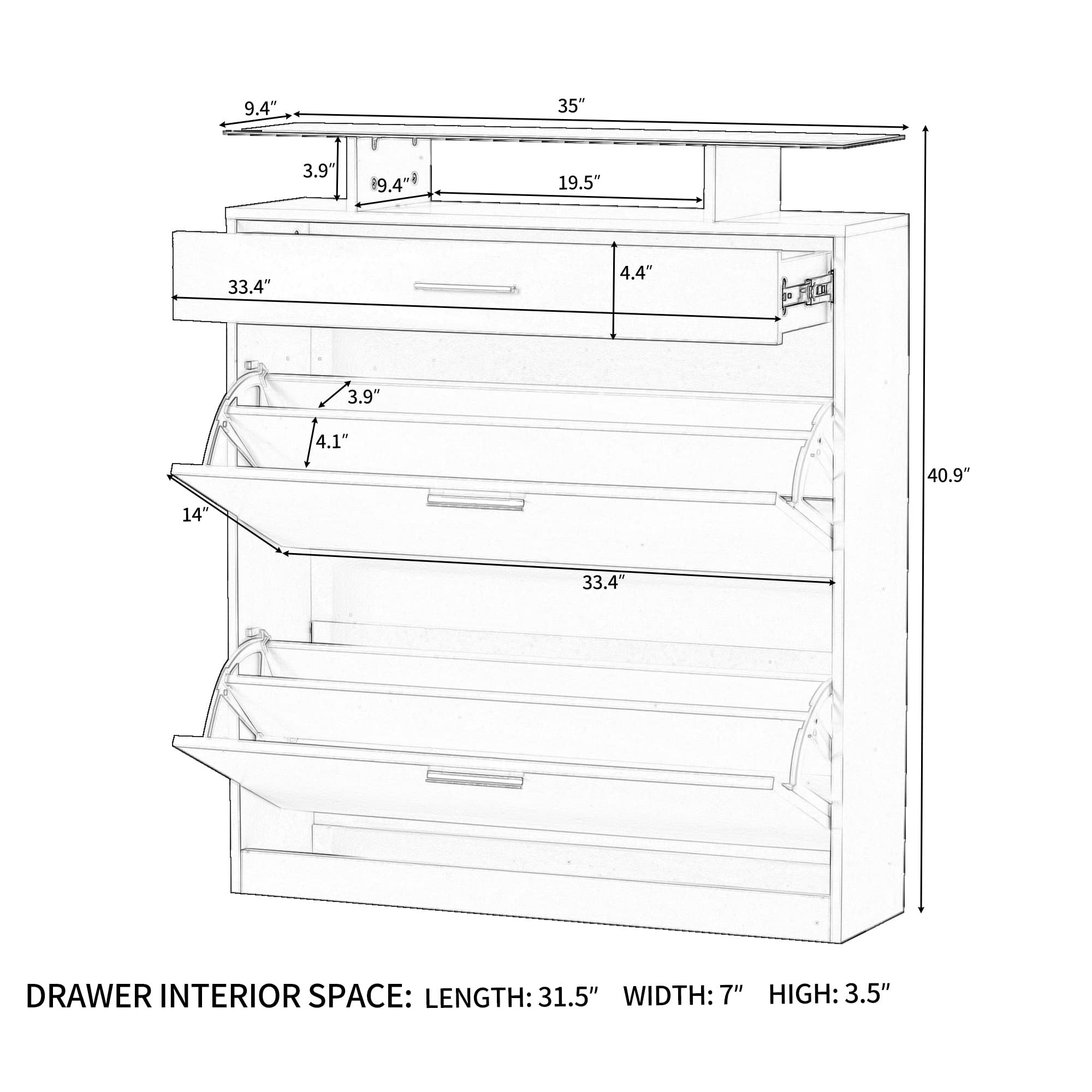 Modern Slim Entryway Shoe Cabinet with 2 Flip Drawers & LED Lights - Tempered Glass Top Shoe Storage Organizer with Open Shelves - Freestanding Shoe Rack for Hallway, Living Room, Bedroom - Space-Saving Home Organization Solution for Small Apartments & Entryways